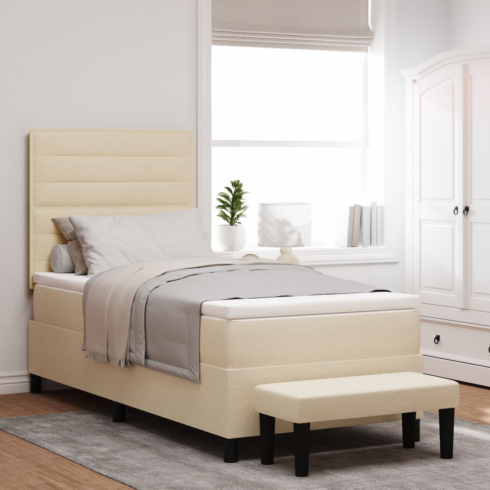 Box Spring Seng med madras & bænk creme 90x200 cm stof