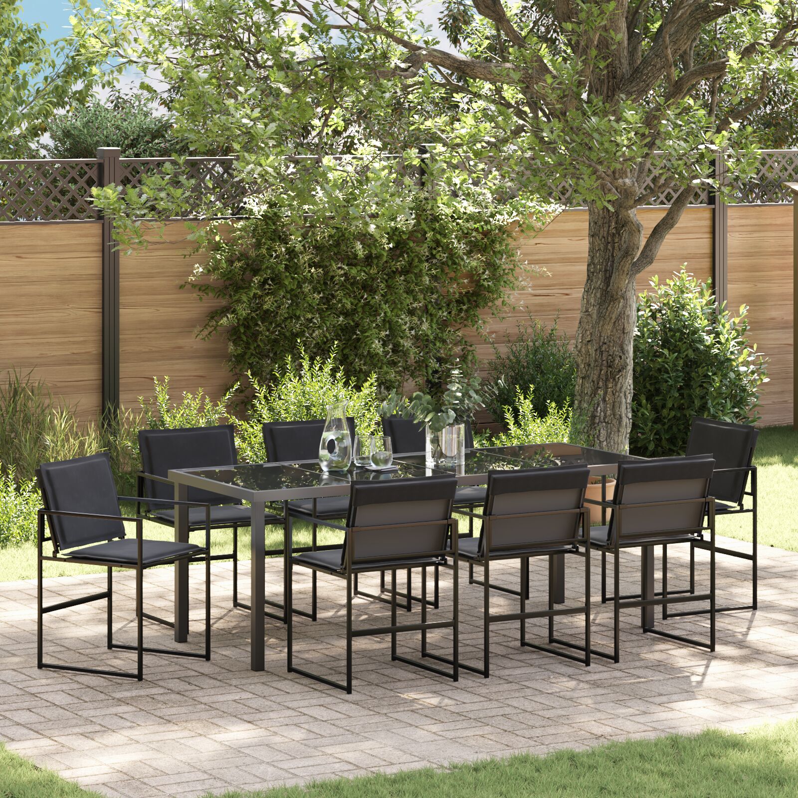 vidaXL 9-teiliges Garten Essgruppe mit Kissen Schwarz Textilene und Stahl