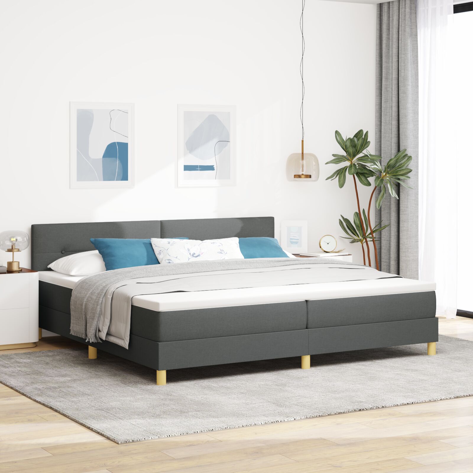 Box Spring Seng med Madras Mørkegrå 200x200 cm Stof