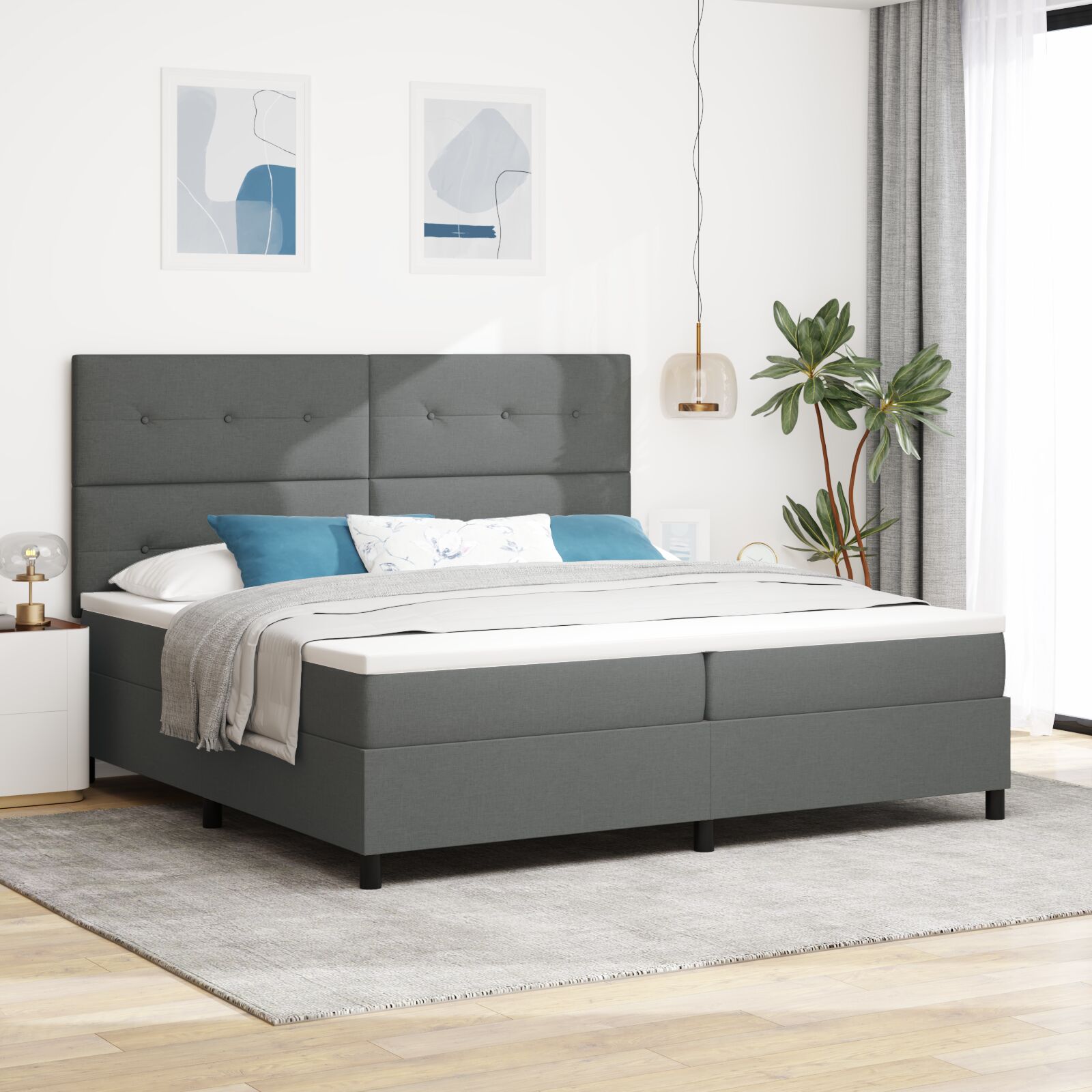 Box Spring Seng med Madras Mørkegrå 200x200 cm Stof