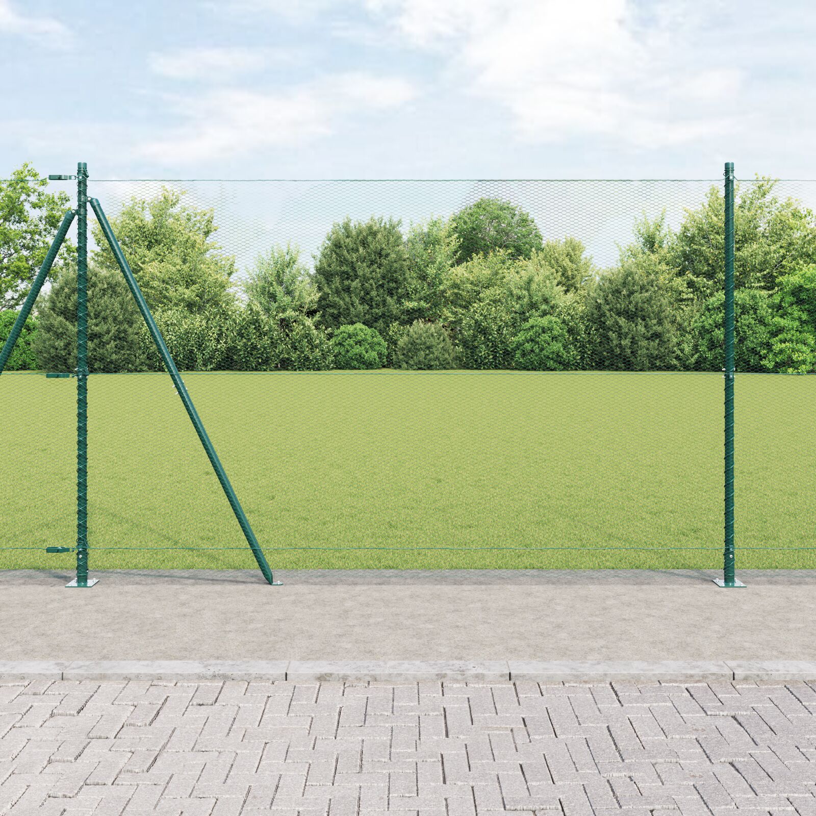 Hexagon hegn Grøn 1,4x25 m Stål, vidaXL hegnspæle med baseplader 13 stk Ø32mm 78,5cm galvaniseret stål