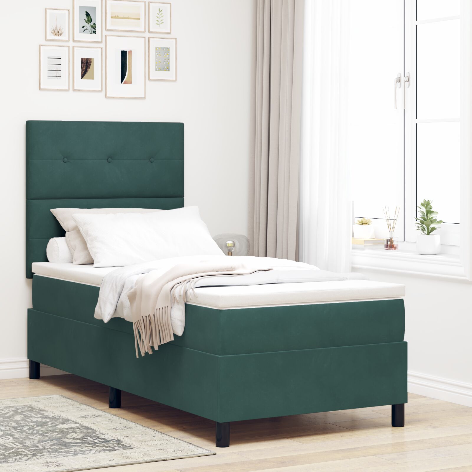 Box Spring Krevet s Madracem Tamno Zelena Singl Velur