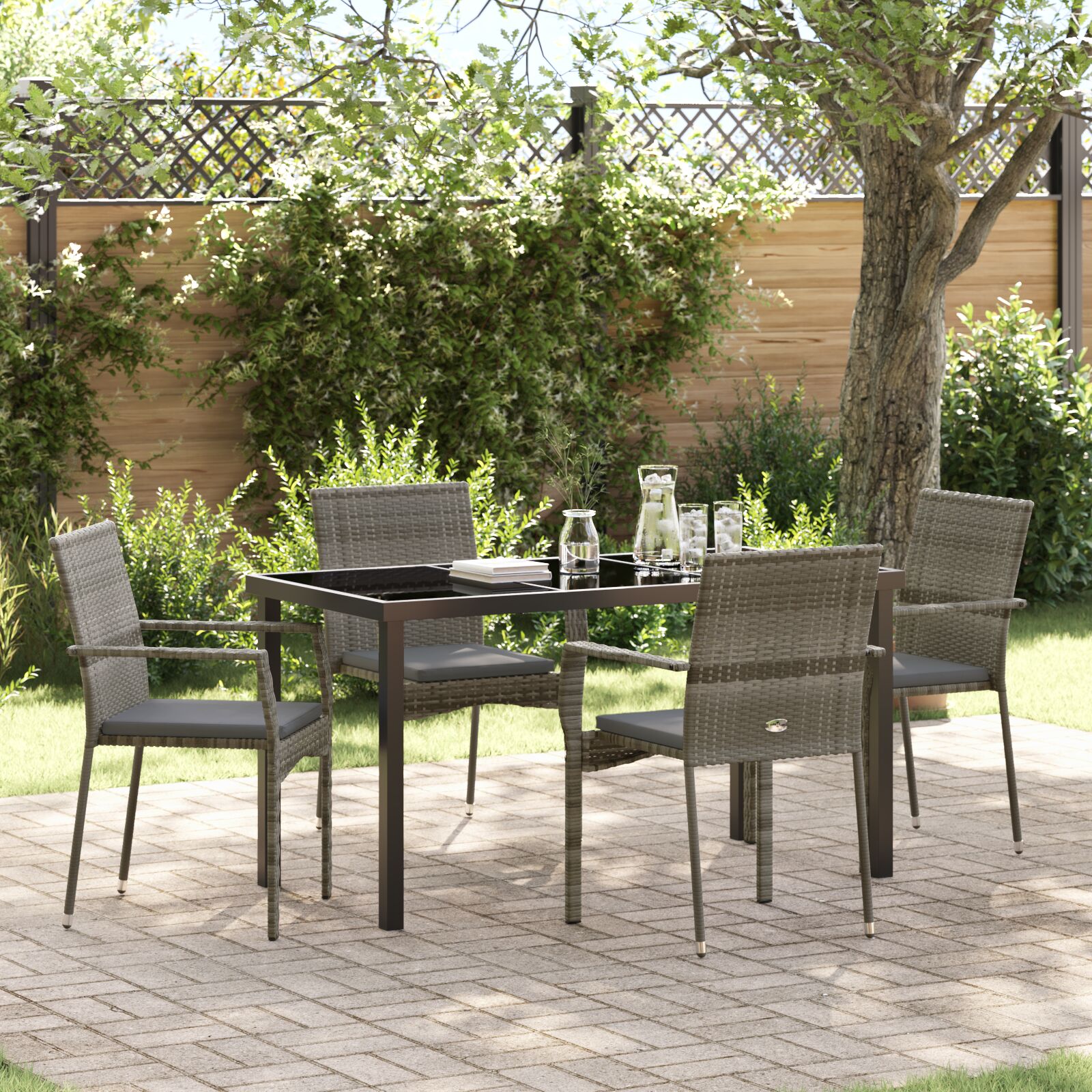 vidaXL 5-teiliges Garten-Esstisch-Set mit Kissen Grau Poly Rattan