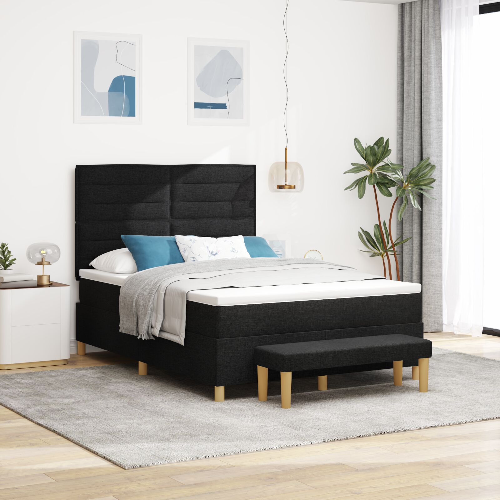 Box Spring Seng med Madras & Bænk Sort 140x200 cm Stof