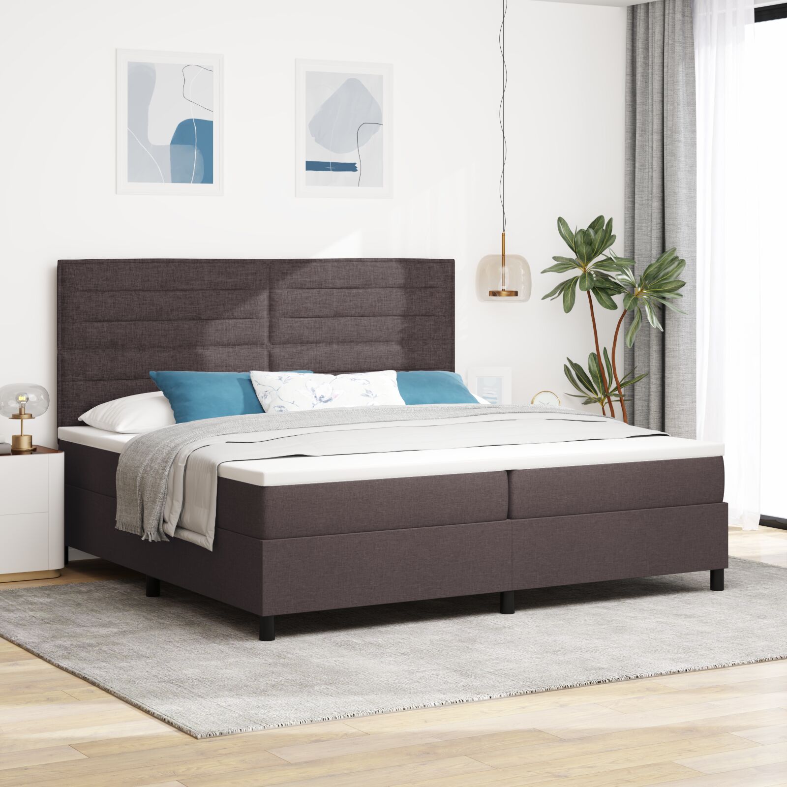 Box Spring Seng med Madras Mørk Brun 200x200 cm Stof