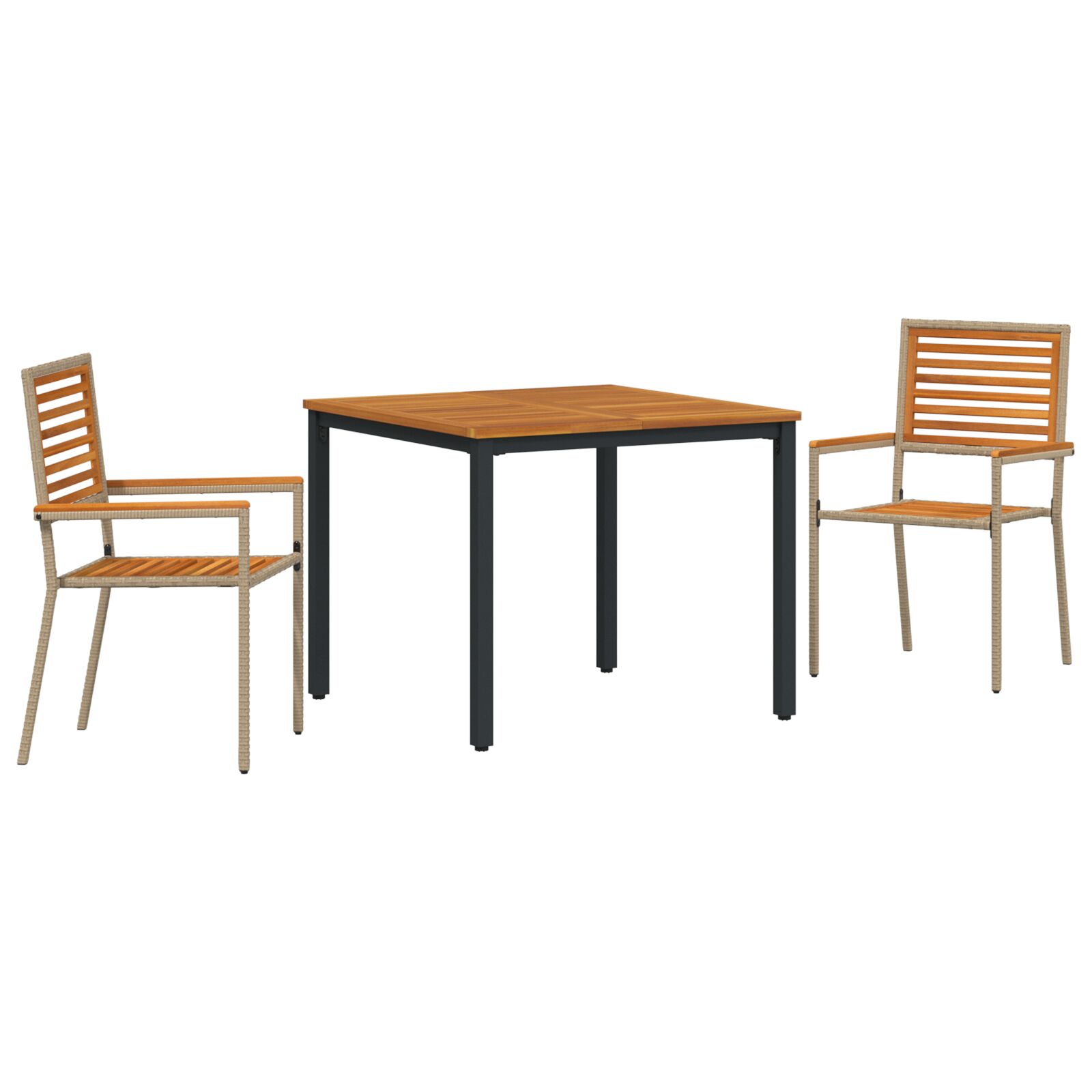 3-dijelni set za objedovanje u vrtu Bež poli ratan akacija, vidaXL složive vrtne stolice s jastučićima - set od 2 u bež poli ratanu, vidaXL vrtni stol 90x90x75 cm od čvrstog drva akacije i metala
