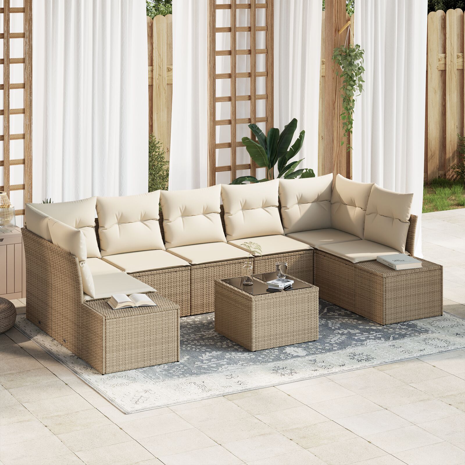 vidaXL set od 8 vrtnih sofa s jastucima bež poli ratan
