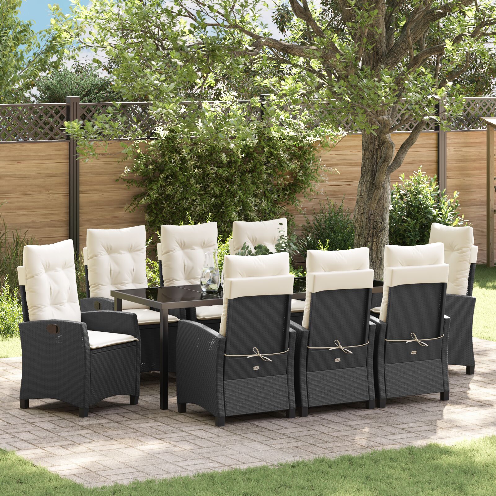 Conjunto de Jantar de Jardim  de 9 Peças com Almofadas Preto Vime Poliéster
