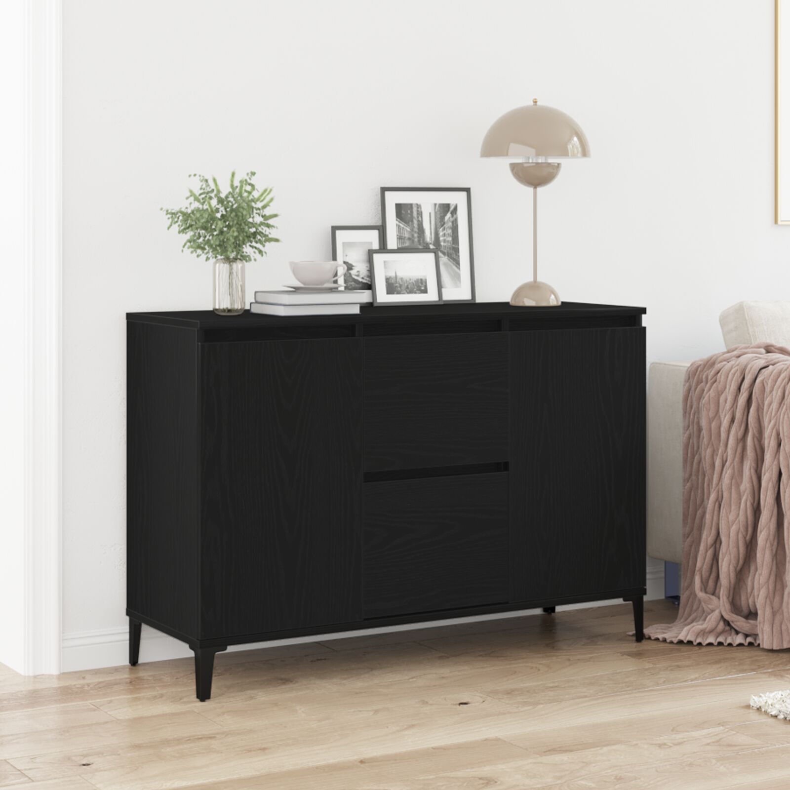 vidaXL Sideboard Schwarze Eiche Massivholz Eiche, pulverbeschichteter Stahl