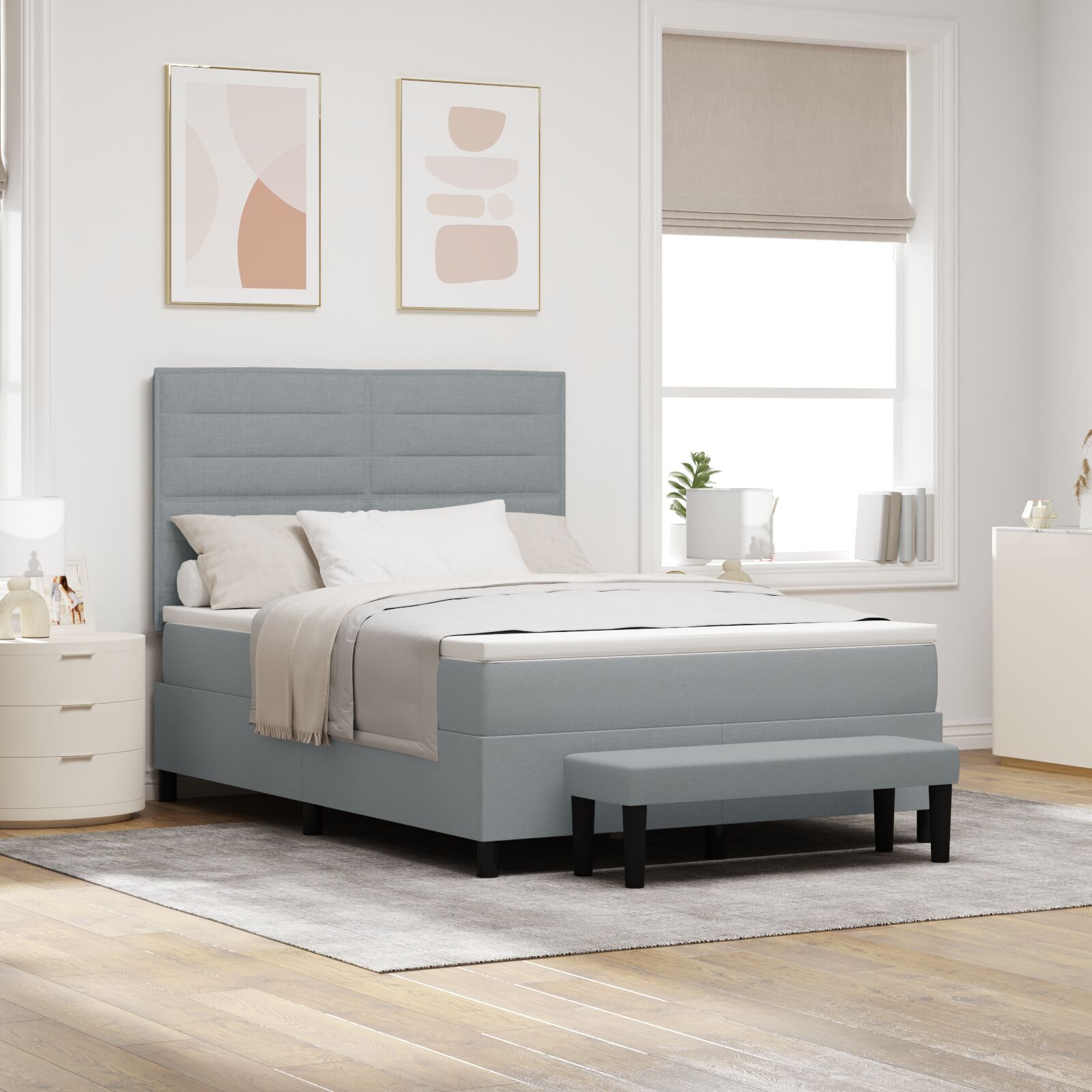 Box Spring Seng med Madras & Bænk Lysegrå 160x200 cm Stof