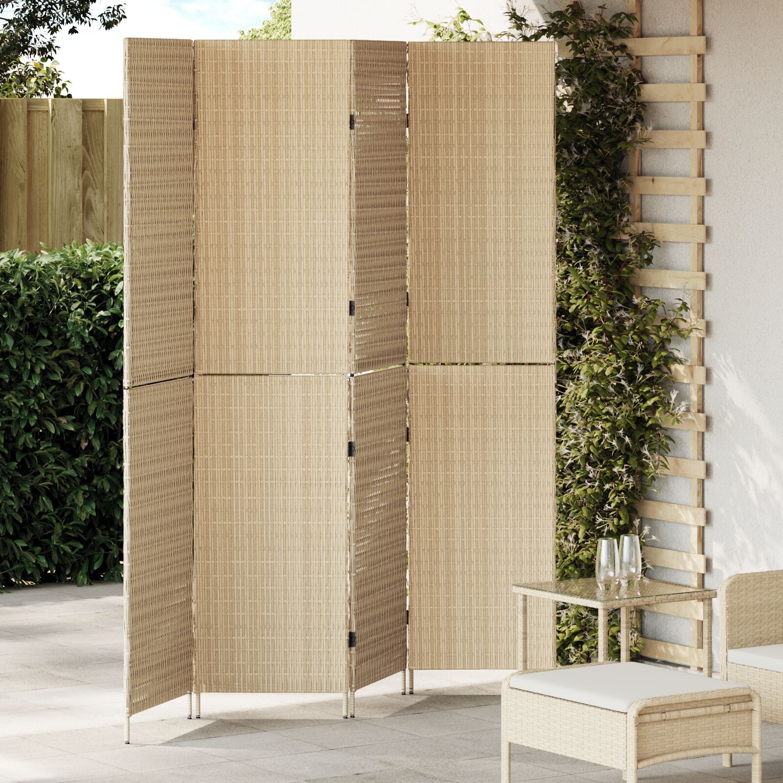 Raumteiler Beige Holz, Stoff 4 Panels, 200 cm Höhe Faltbar