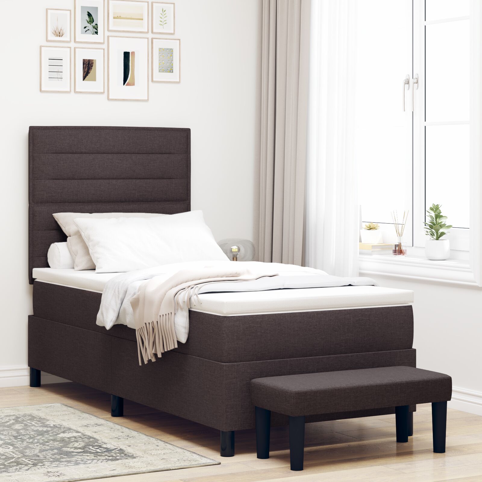 vidaXL Boxspringbett mit Matratze und Bank Dunkelgrau 100x200 cm Stoff