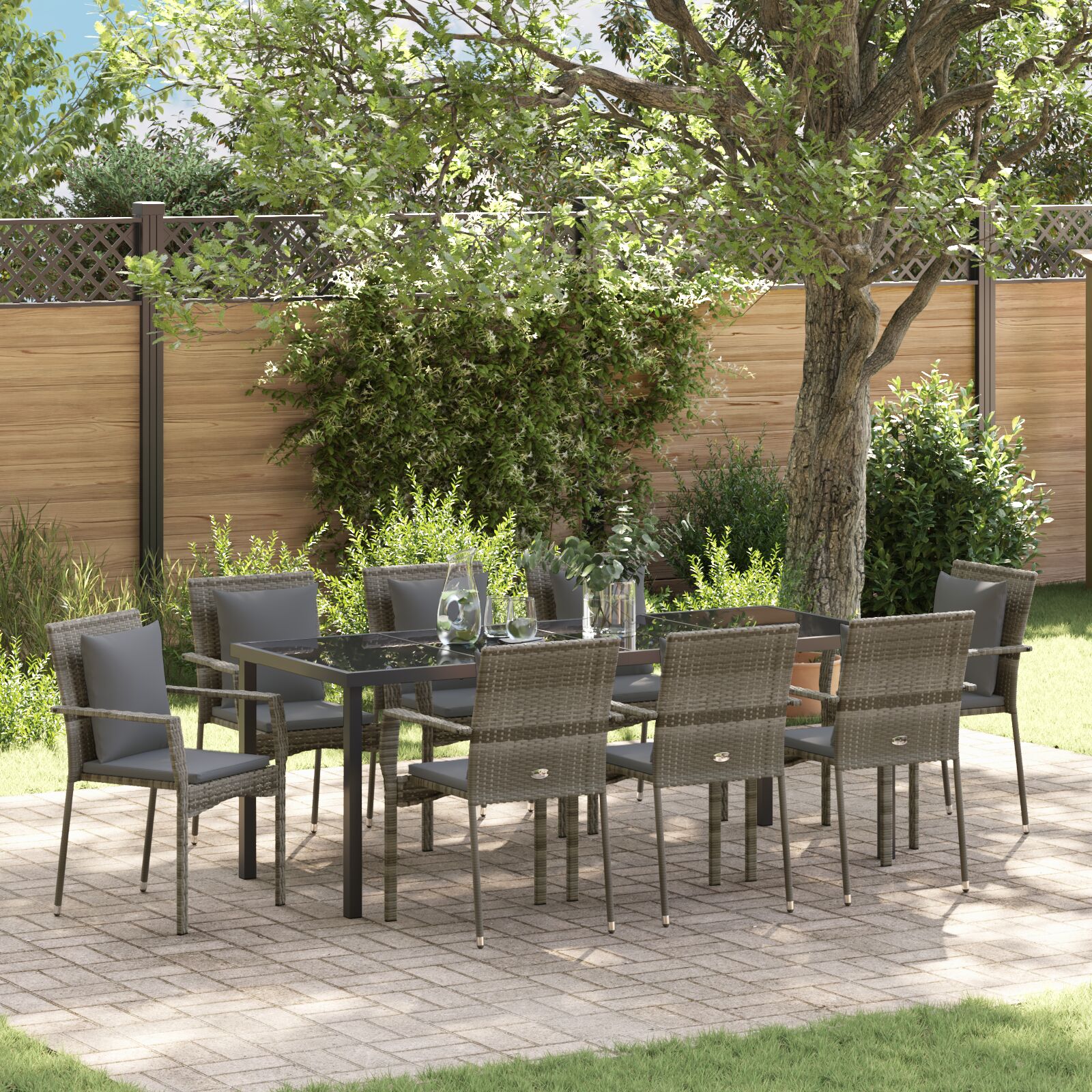 vidaXL 9-teiliges Gartenset mit Kissen graues Poly-Rattan