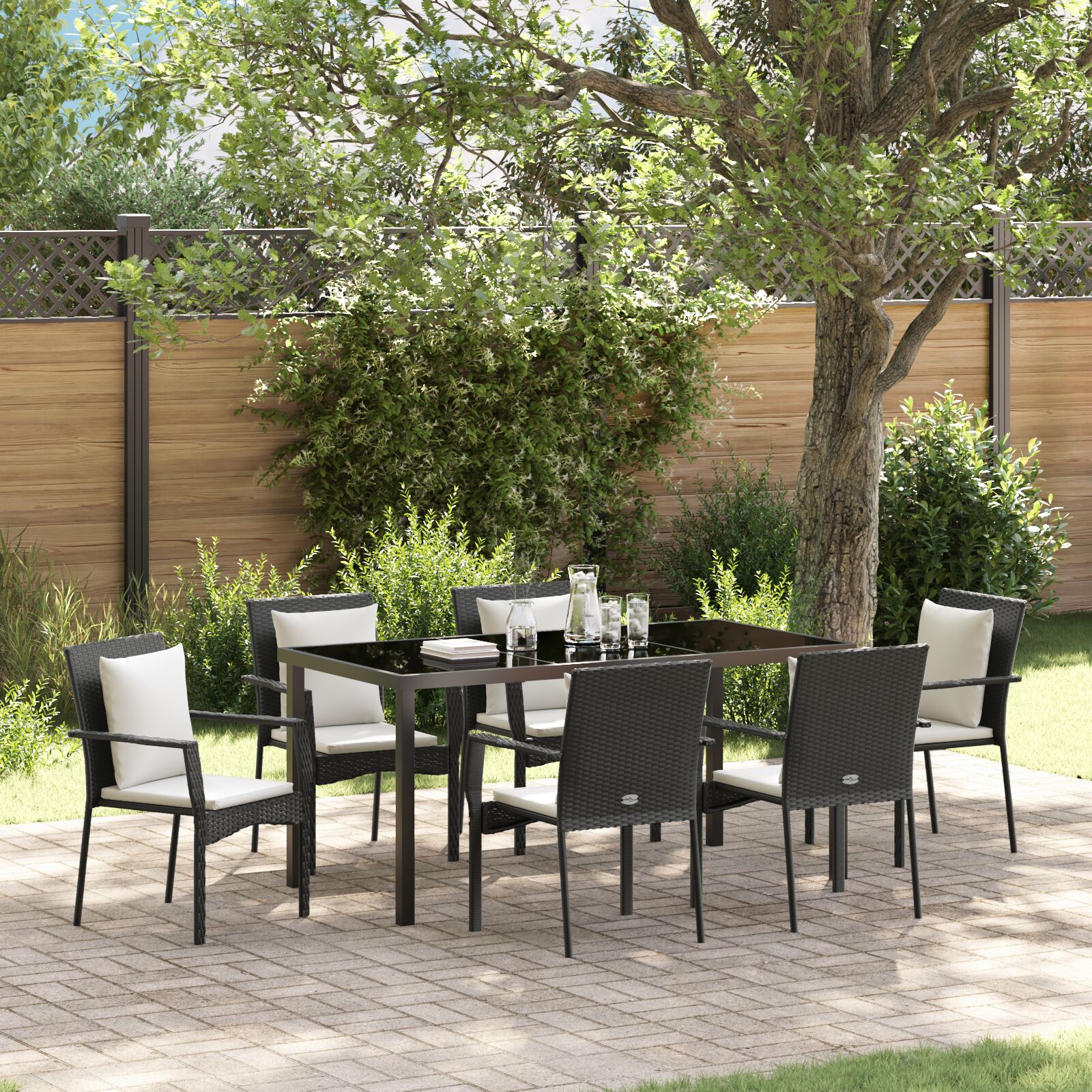 vidaXL 7-teiliges Garten-Esszimmer Set mit Kissen Schwarz Poly-Rattan