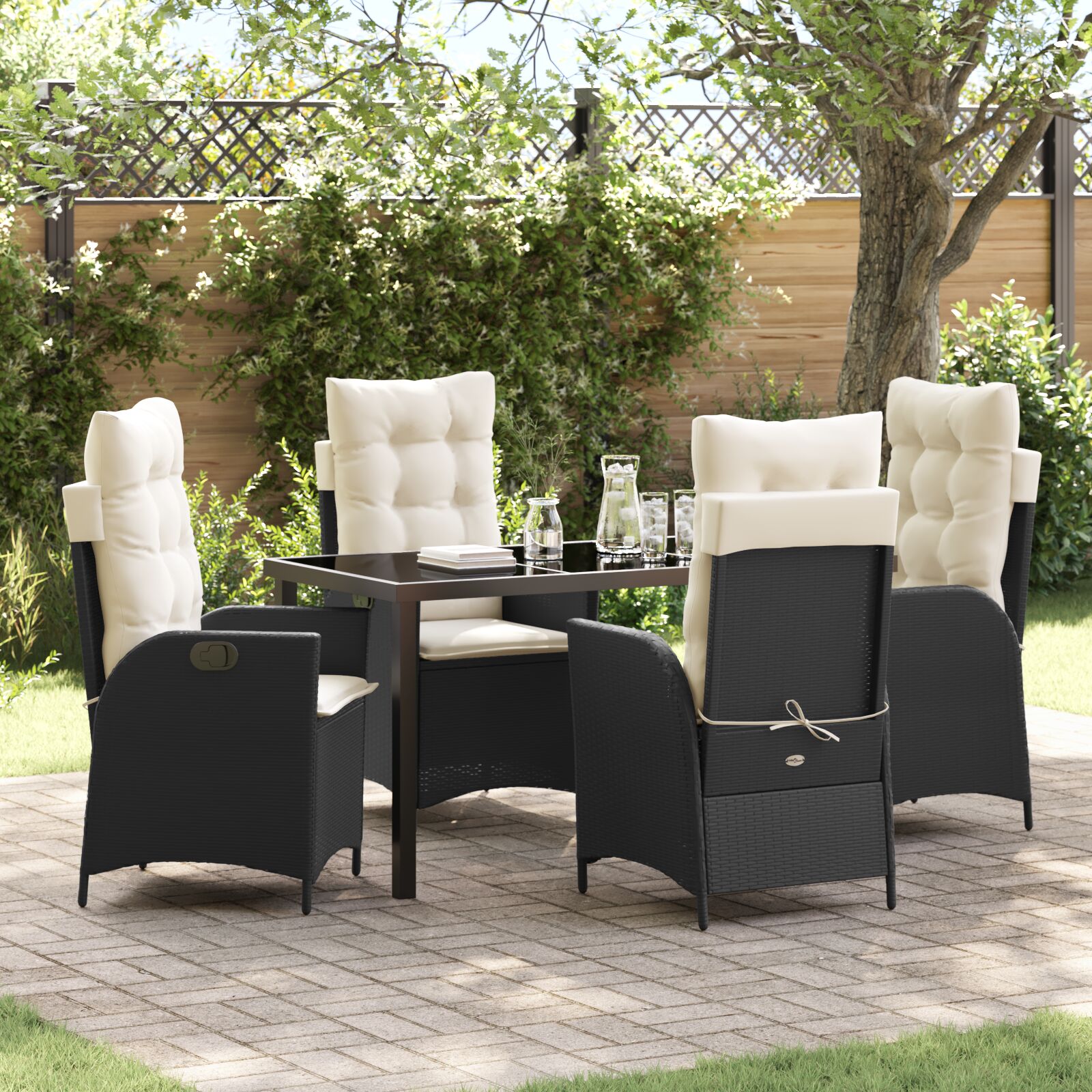 vidaXL 5-teiliges Garten-Esszimmer-Set mit Kissen Schwarz Poly Rattan