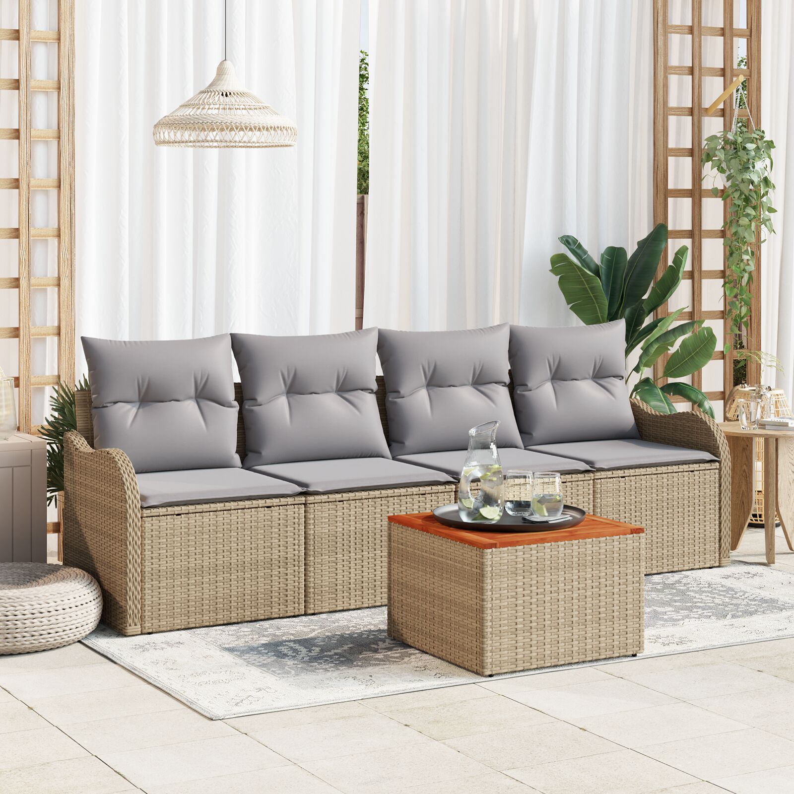 vidaXL Set od 5 Vrtnih Sofa s Jastučićima Bež Poly Ratan Akacija