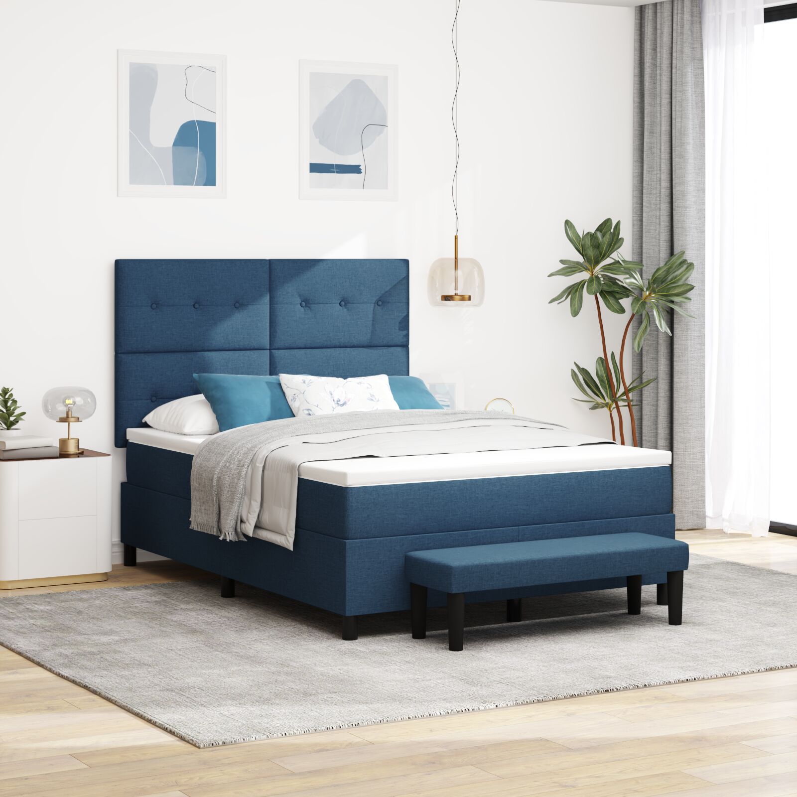 Box Spring Seng med madras & bænk Blå 140x200 cm Stof