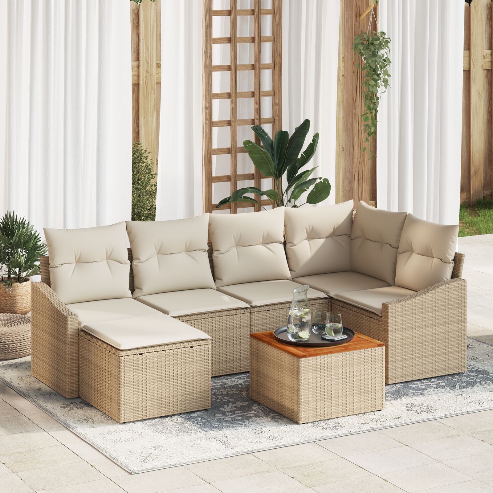 vidaXL 7-dijelni vrtni sofa set s jastučićima Bež Poli ratan Akacija