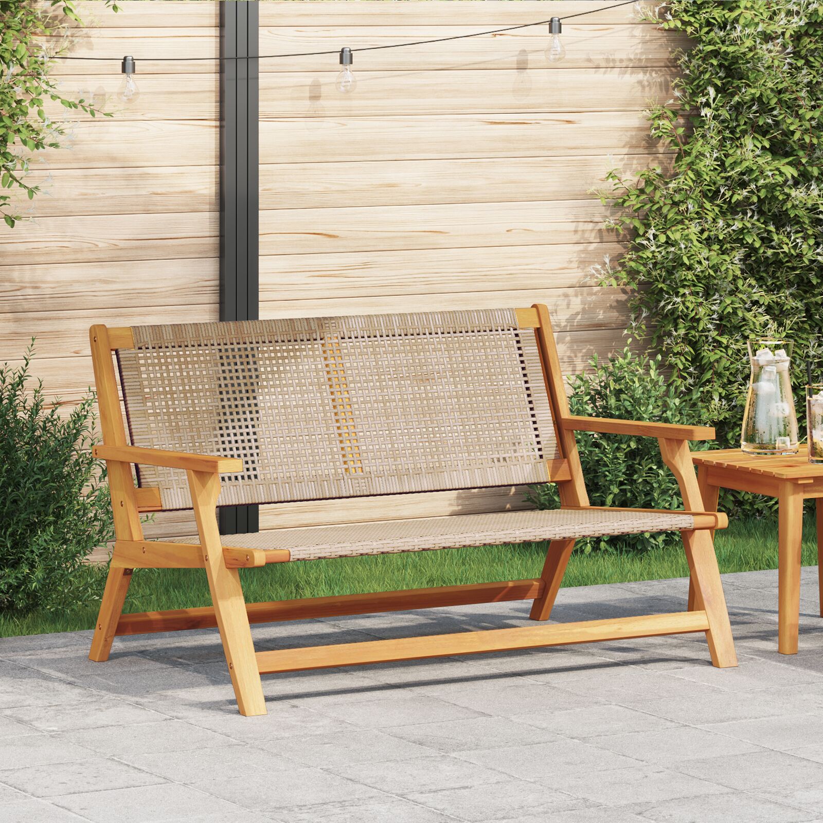 vidaXL Beige Holz und Rattan Doppelt Langlebig Gartenbank Rechteckig