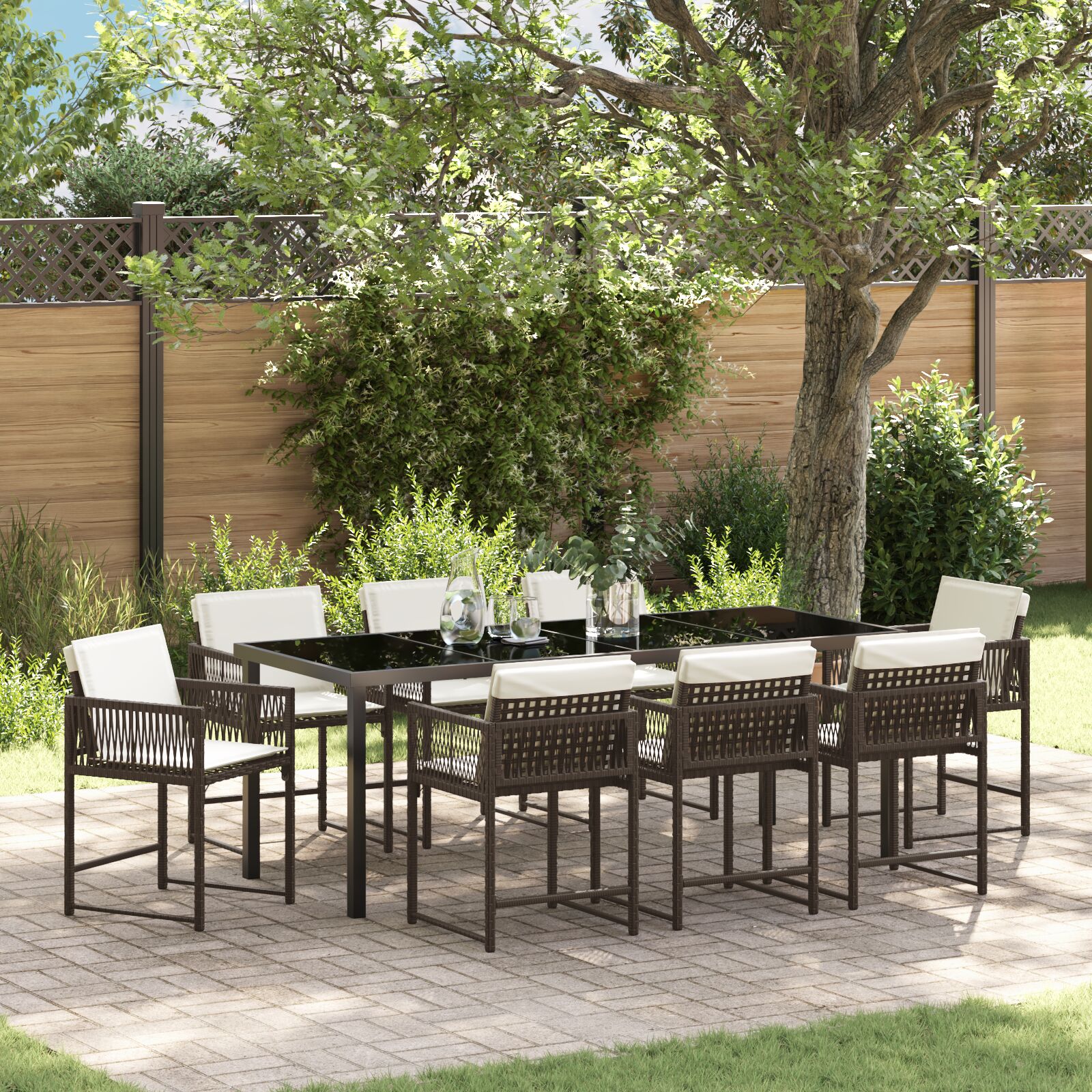 Conjunto de Jantar de Jardim  com Almofadas Marrom Rattan Poliéster
