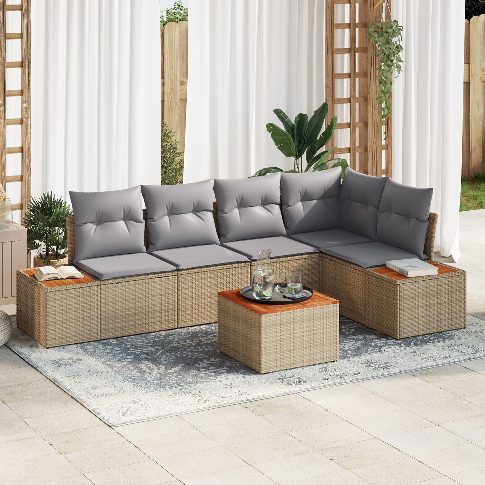 vidaXL 6-dijelni vrtni sofa set s jastučićima Bež Poli Ratan Akacija