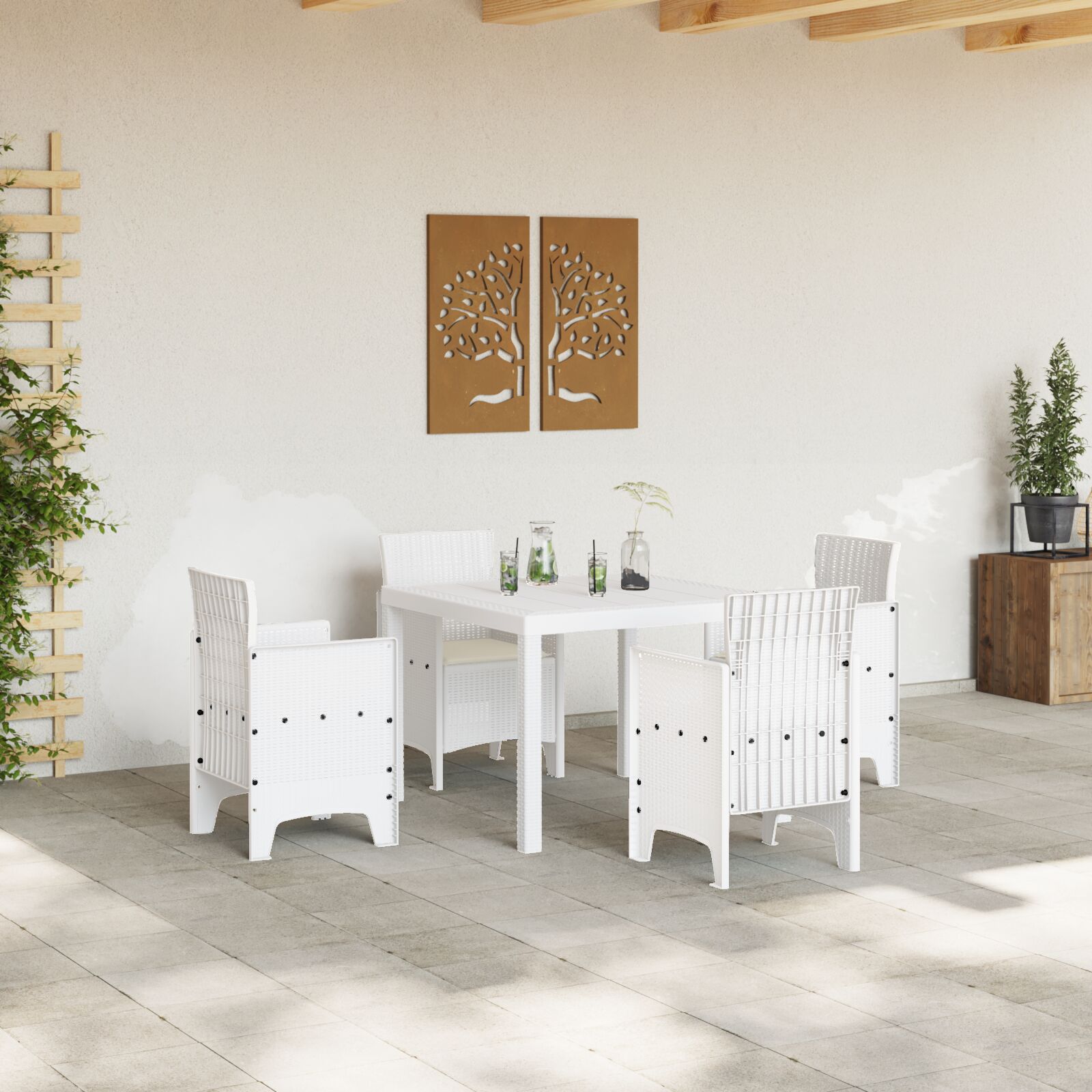 vidaXL 5-delige Tuin Eetset met Kussens Wit Poly Rattan - Afbeelding 3