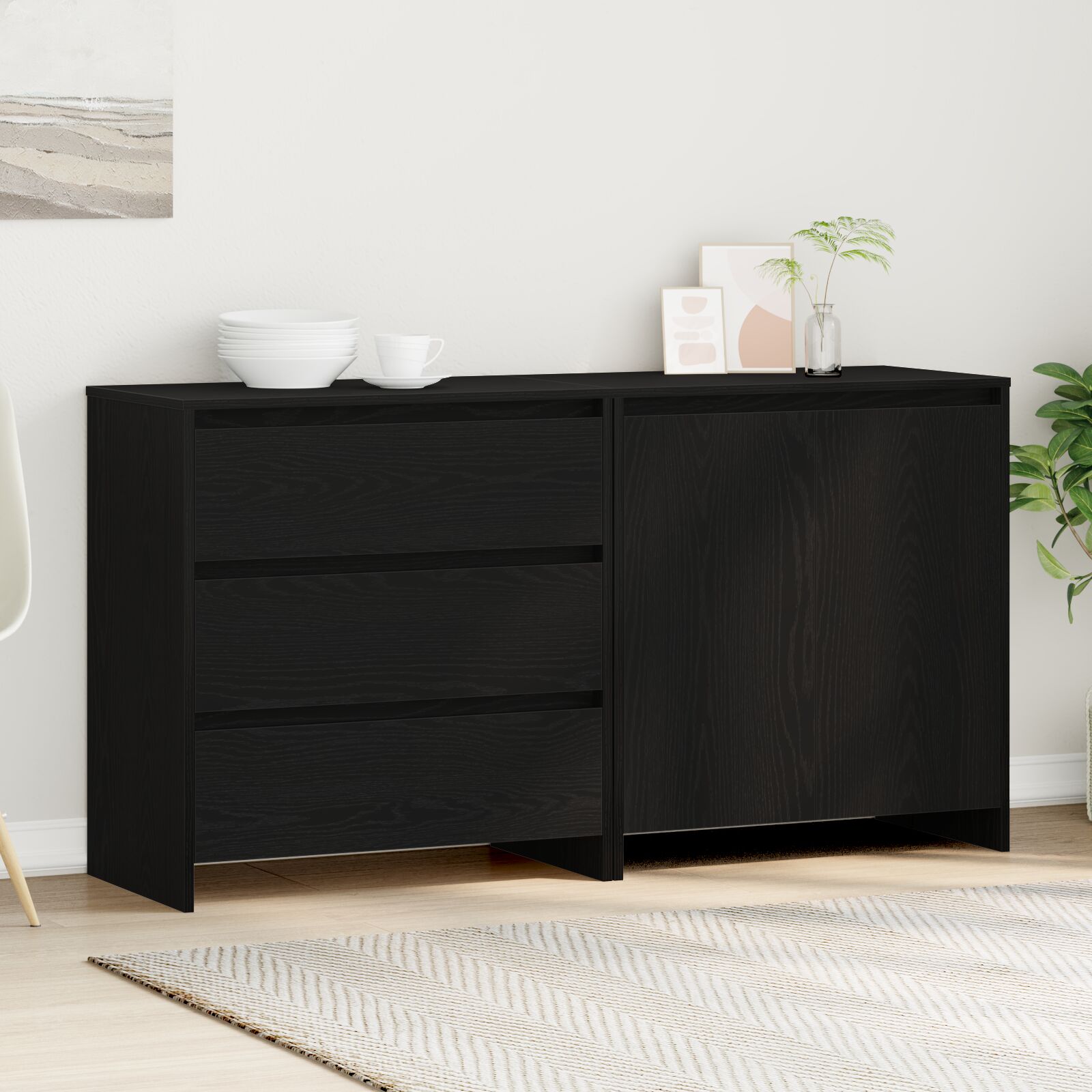 vidaXL Sideboard Set aus 2 Schwarze Eiche Holzwerkstoff Groß Buffet