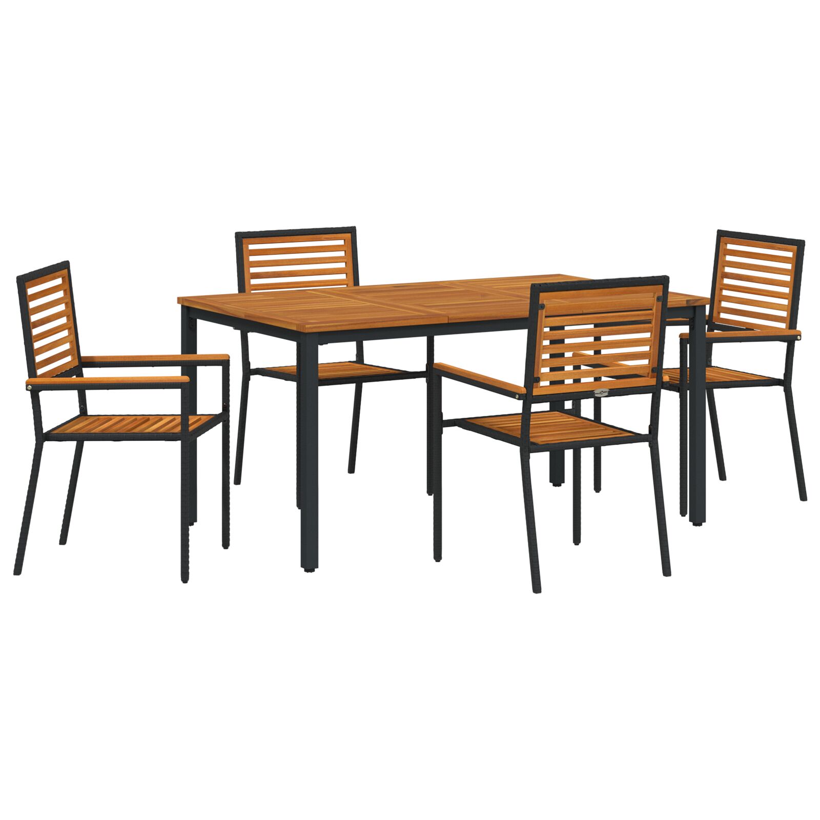 5-dijelni vrtni set za objedovanje Crna poli ratan akacija, vidaXL Sklopive vrtne stolice s jastučićima 2 kom Black Poly Rattan, vidaXL Vrtni stol 150x90x75 cm Od čvrstog drva akacije i metala