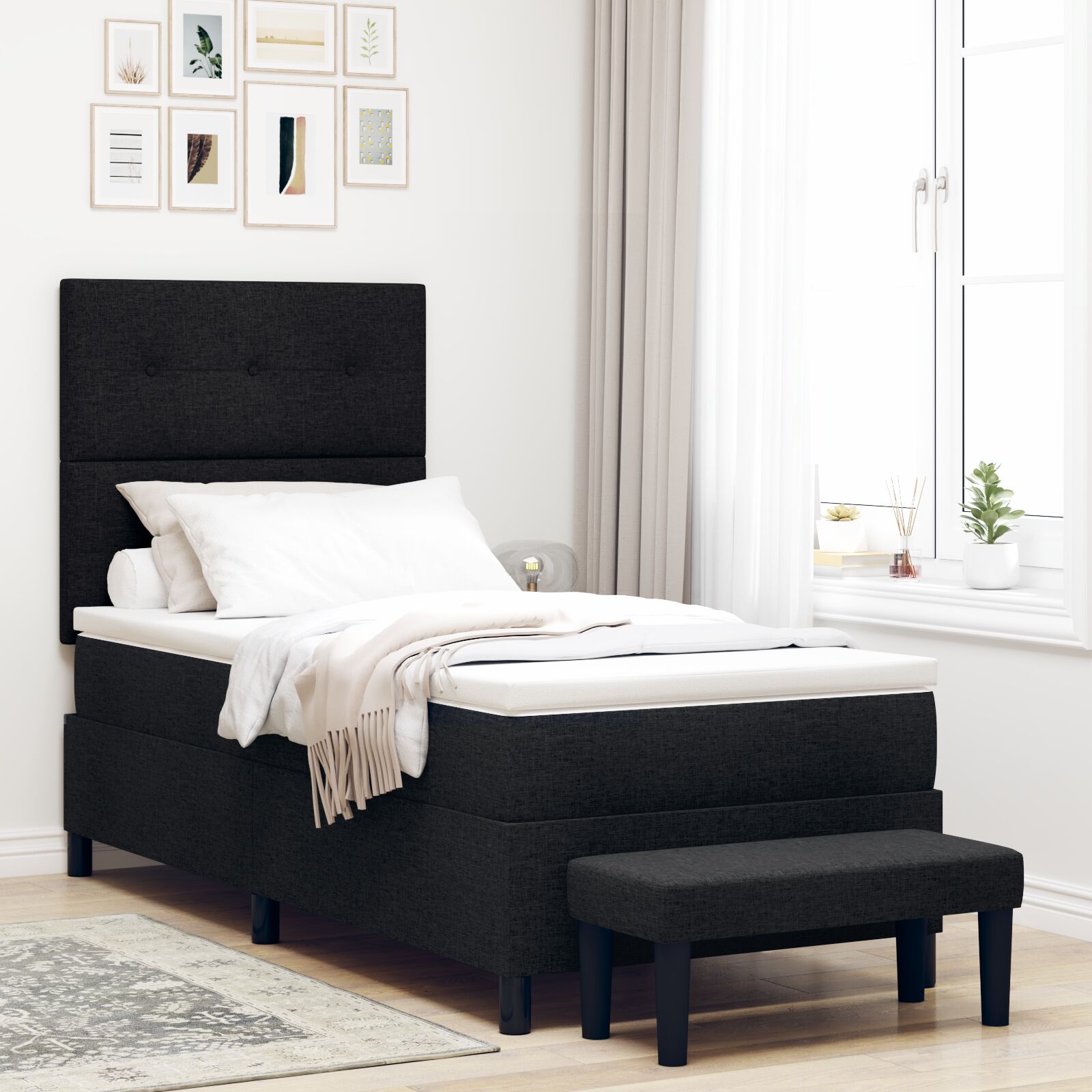 Box Spring Krevet s Madracem & Klupom Crni 90x190 cm Tkanina