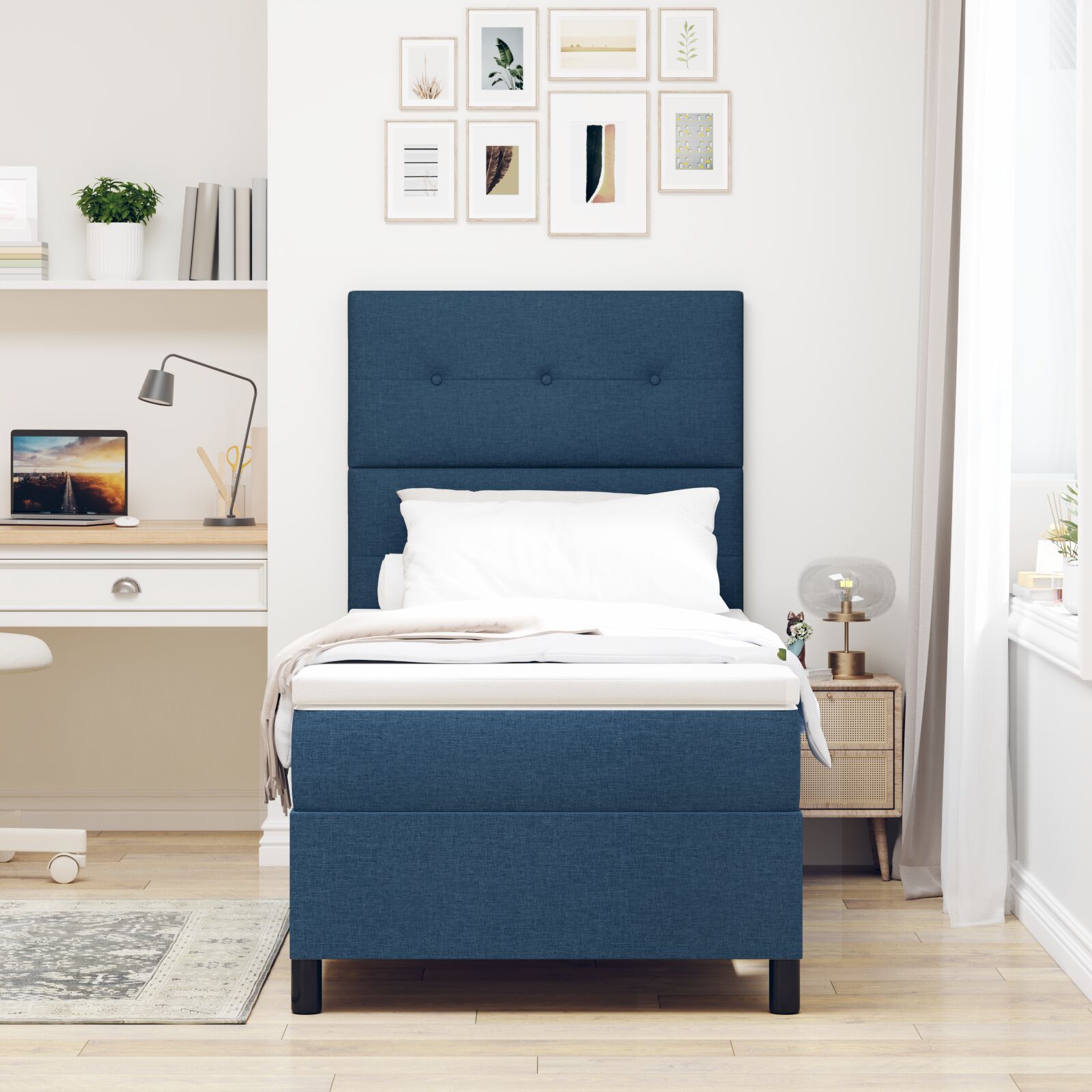 Box spring ágy matraccal kék 100x200 cm szövet 