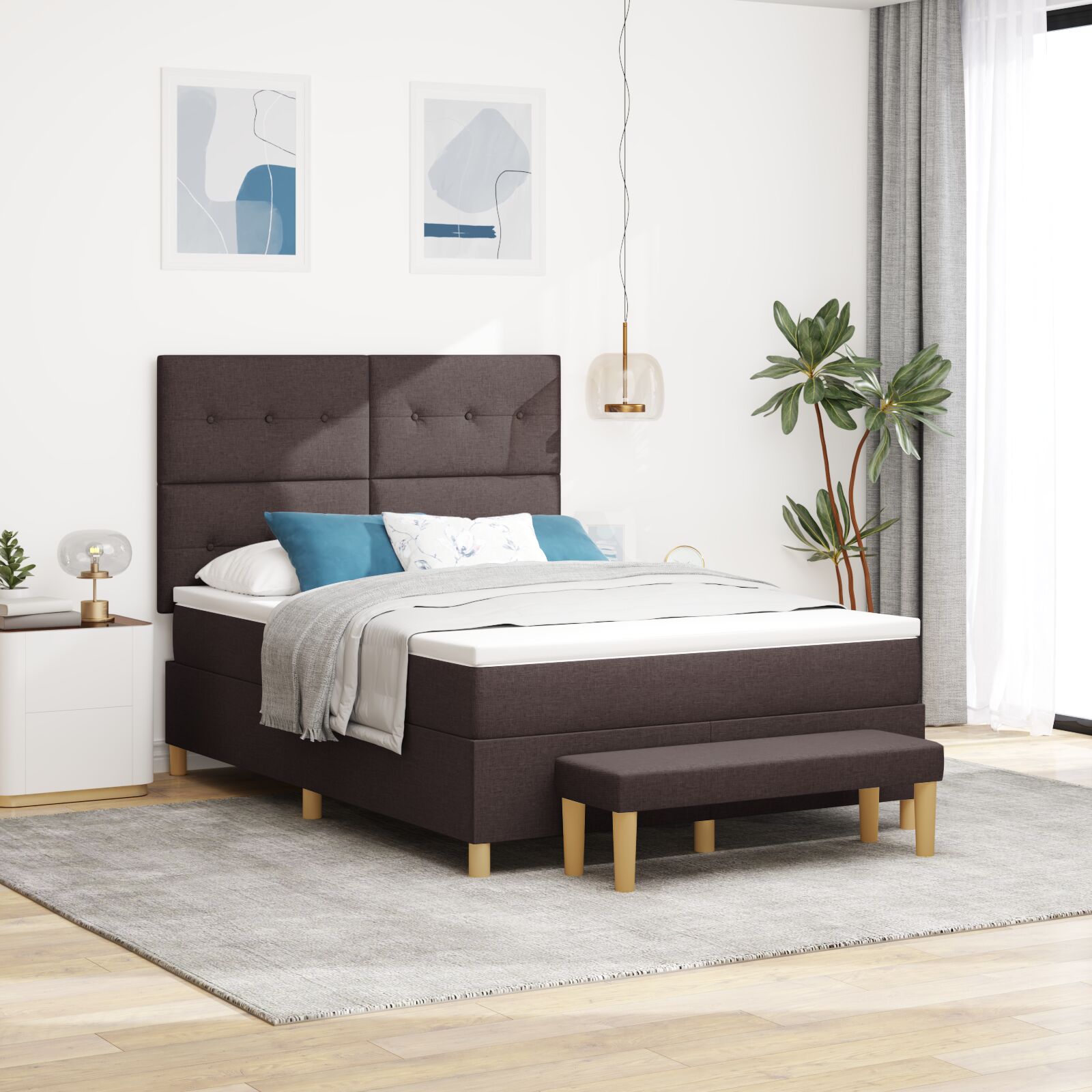 Boxspringbett mit Matratze & Bank Dunkelbraun 140x200 cm Stoff