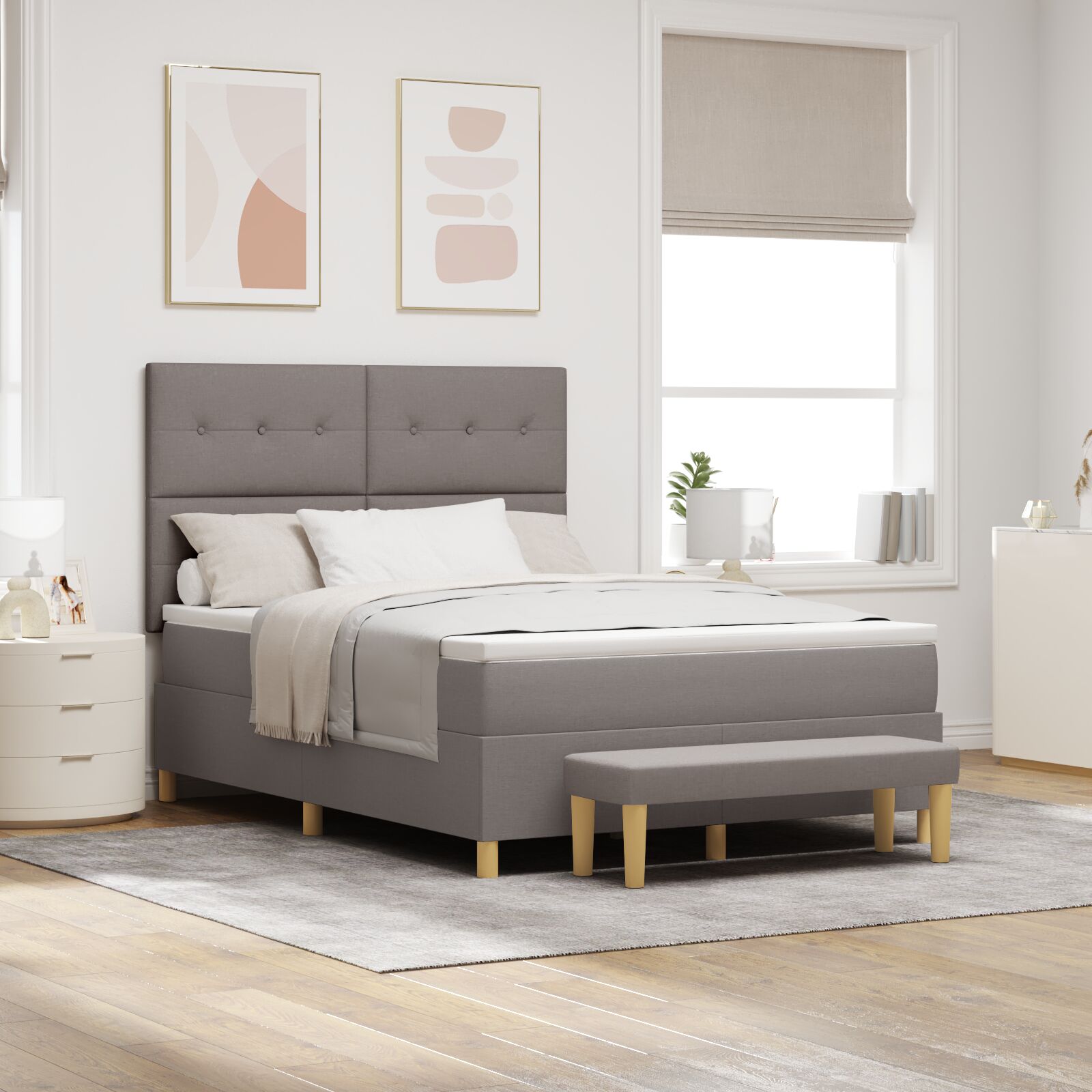 vidaXL Boxspringbett mit Matratze & Bank Taupe 160x200 cm Stoff