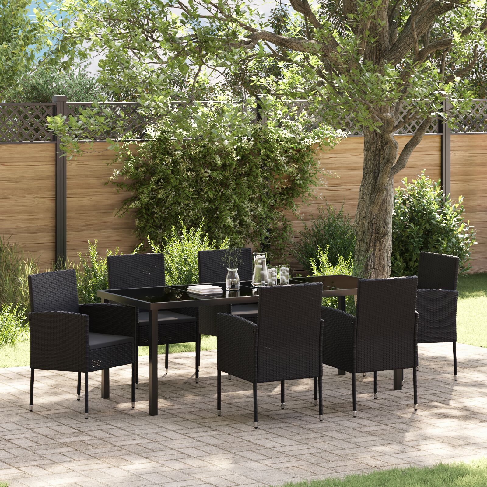 Conjunto de Jantar de Jardim  com Almofadas Preto Rattan Sintético