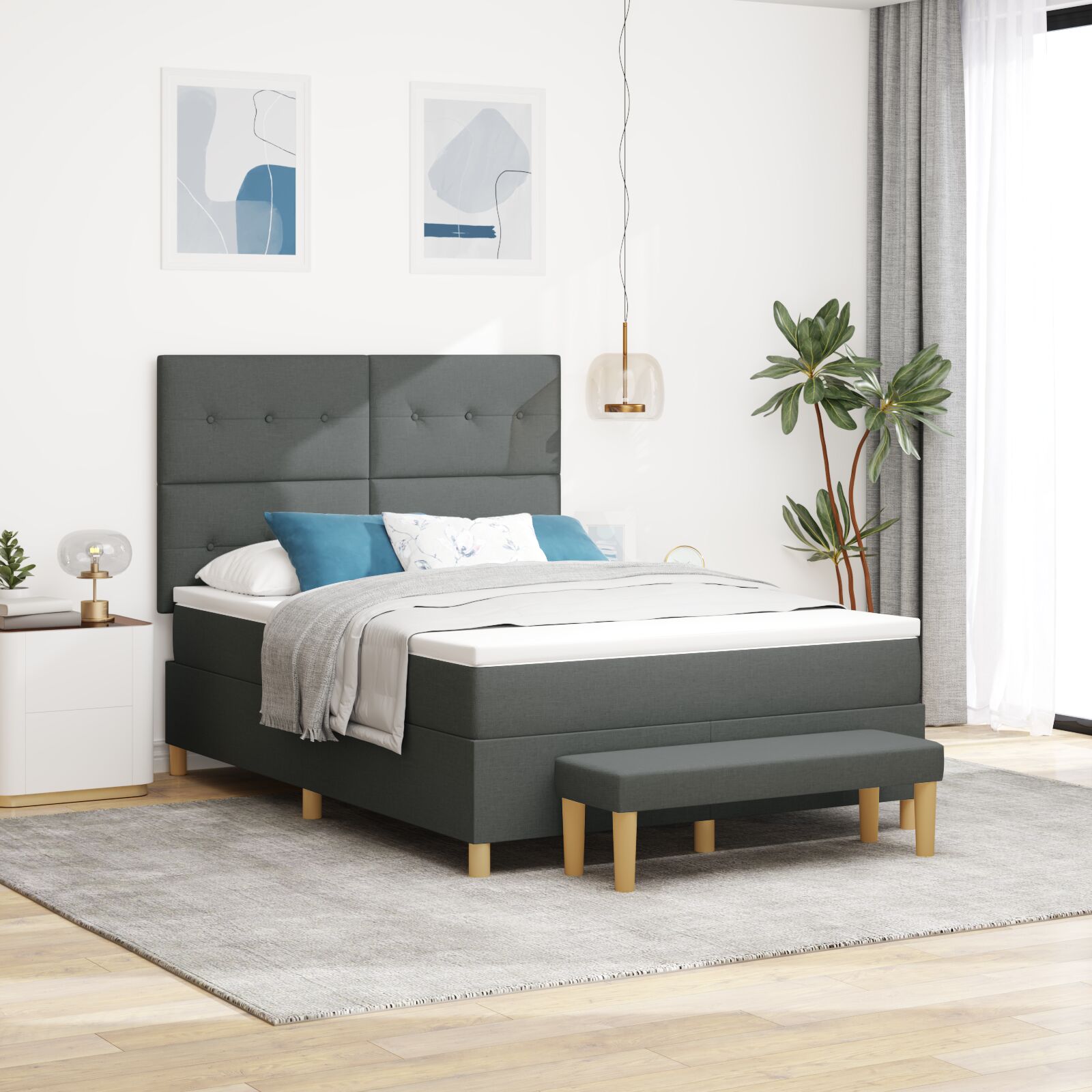 Box Spring Krevet s Madracem i Klupom Tamno Siva 140x200 cm Tkanina