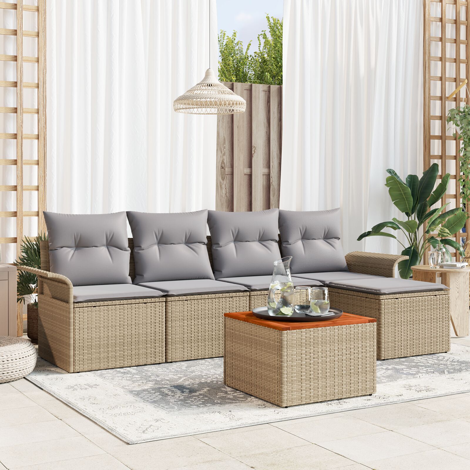 6 Osaline Ai Sofa Komplekt koos Padjaga Beež Polü Rotang Acacia, vidaXL 2-Kohtine Ai Sofa koos Hoiustamise ja Padjadega Beež Polü Rotang