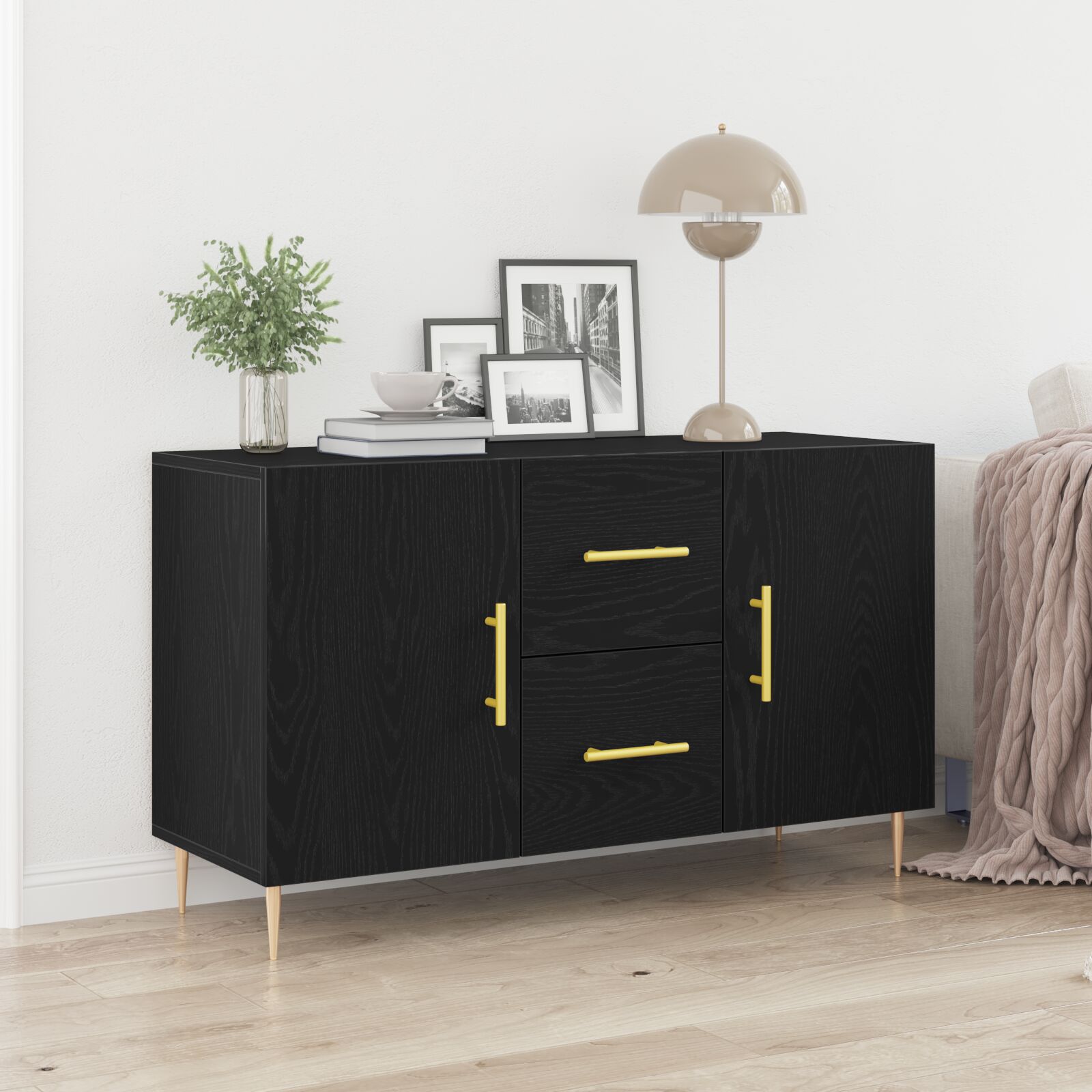 vidaXL Sideboard Schwarz-Oak Massivholz Eiche Mittel