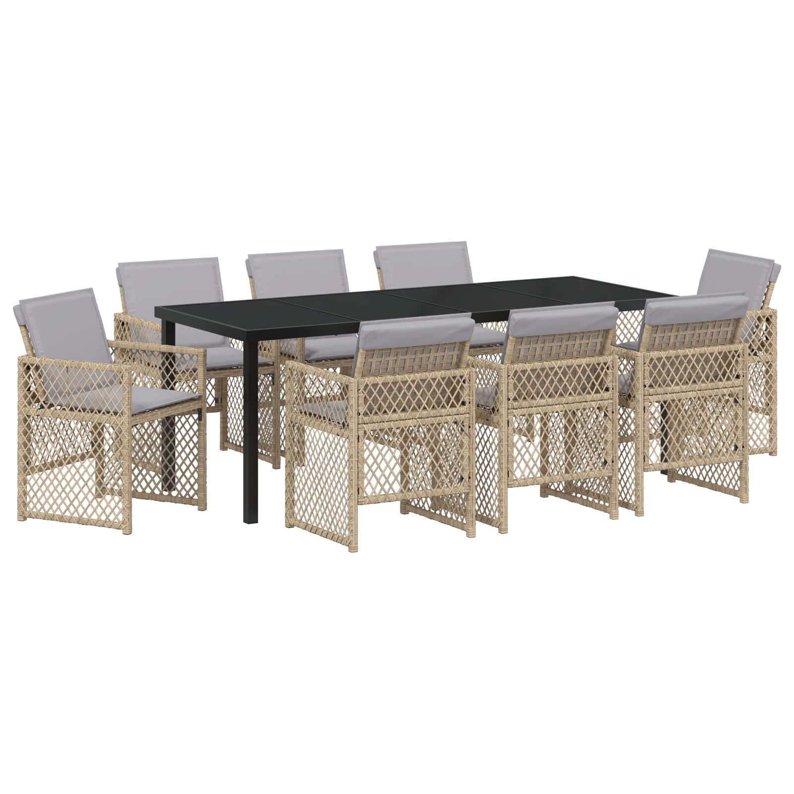 9-dijelni set vrtne blagovaonice s jastučićima bež poli ratan, vidaXL vrtni stol crni 200x80x73 cm kaljeno staklo