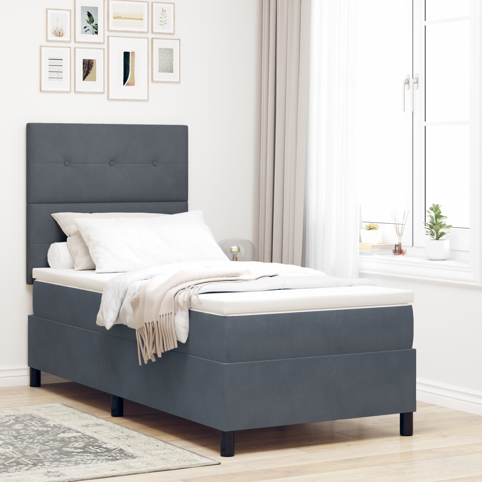 Box Spring Seng med Madras Mørkegrå Enkelt Fløjl