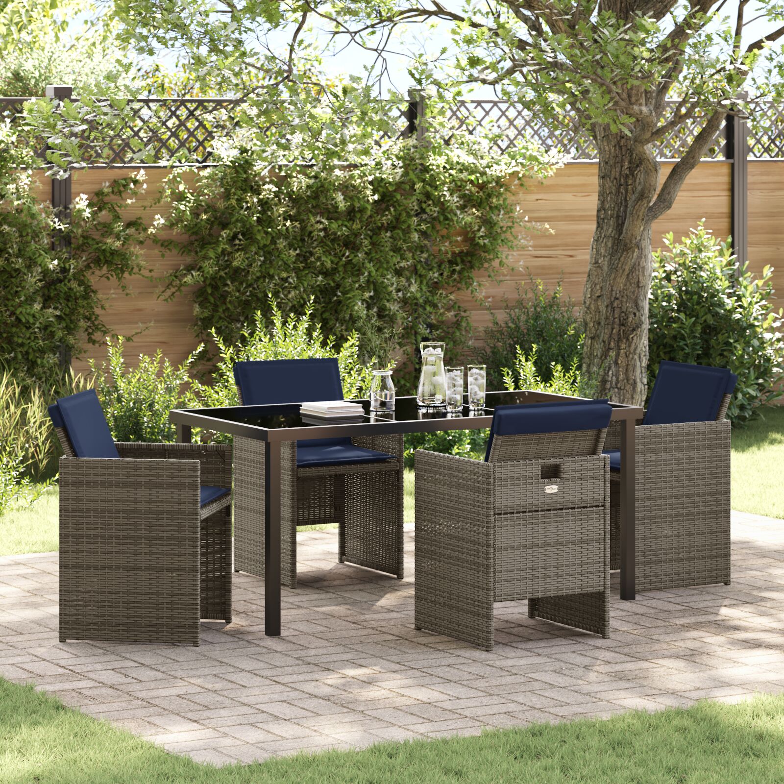 Conjunto de Jantar de Jardim de 5 Peças com Almofadas Cinza Rattan Polifibra