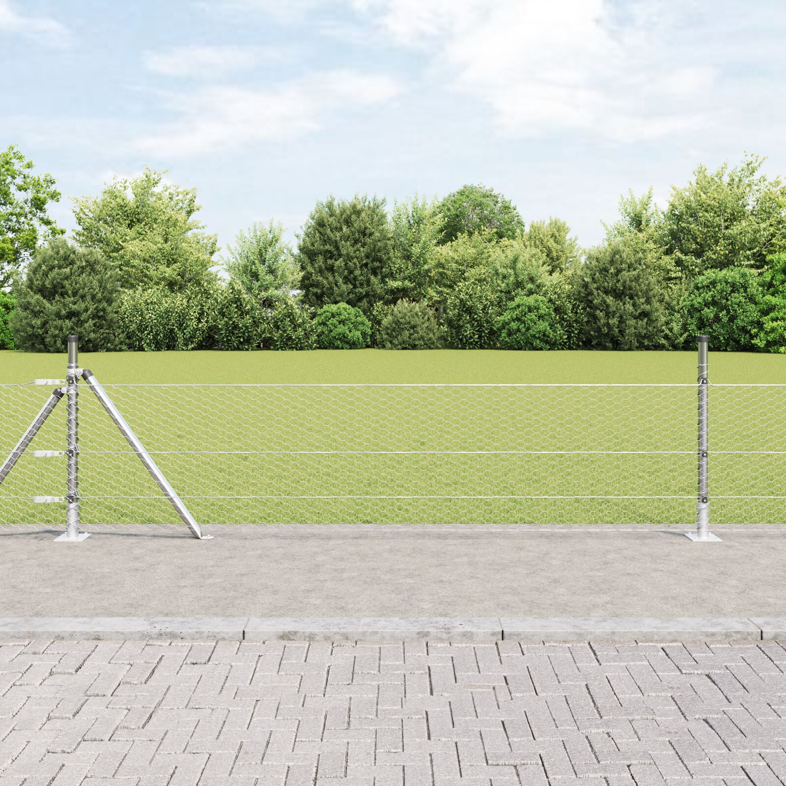 Hexagon hegn 0.5x10 m galvaniseret stål, vidaXL hegns pæle med base plader 7 stk Ø32mm 70cm galvaniseret stål