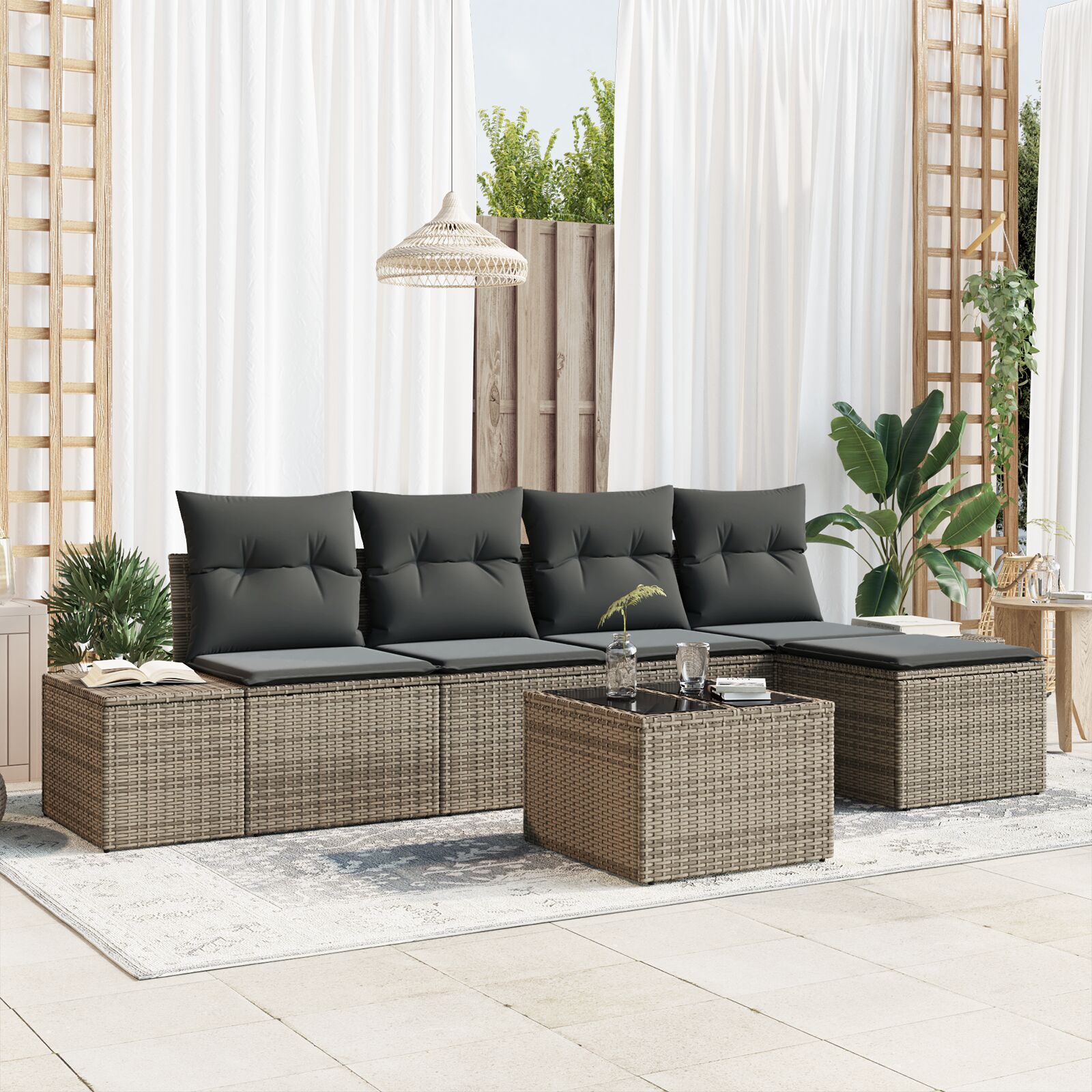 5-osaline aia diivanikomplekt padjadega must polü rattan