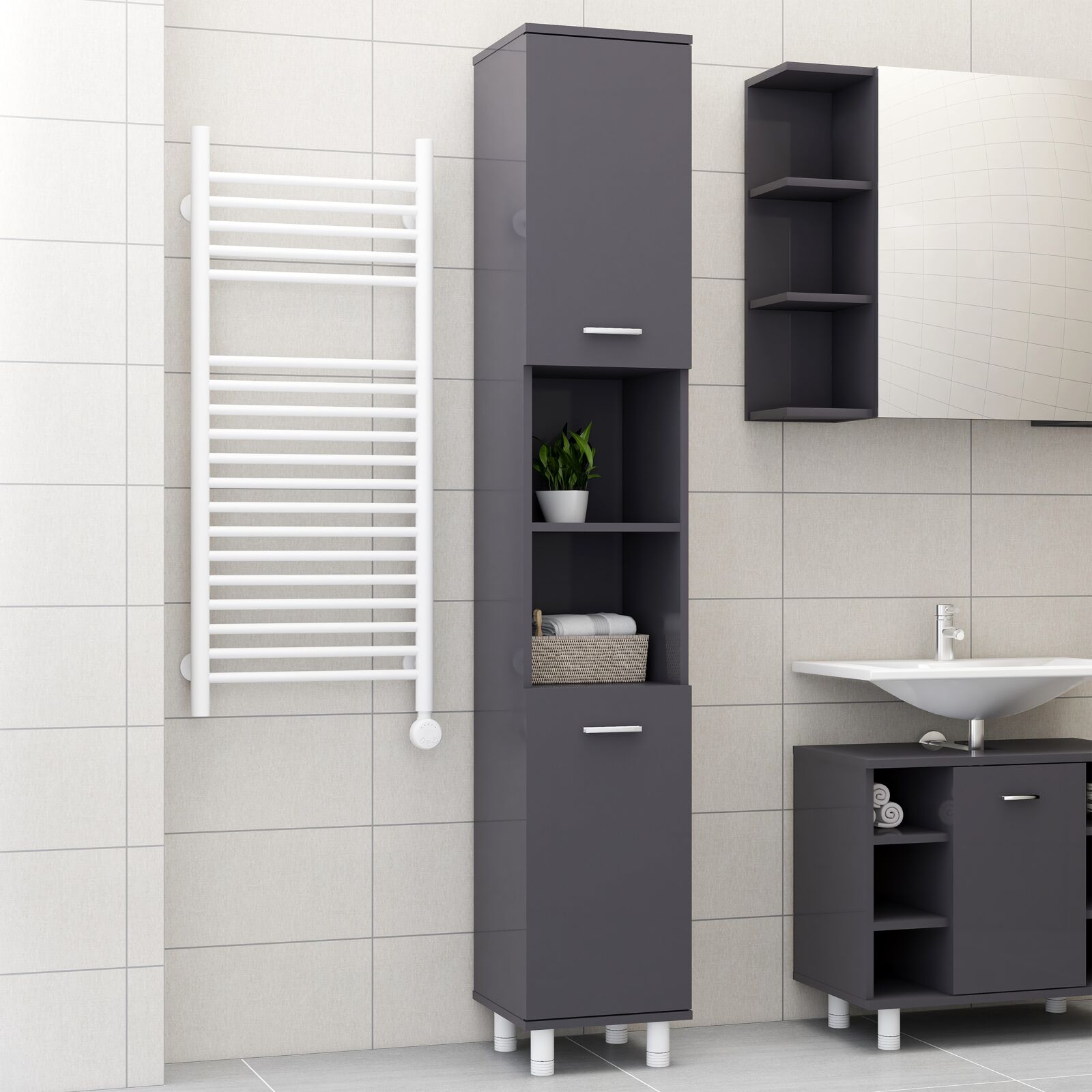 vidaXL Badkamerkast 30x30x179 cm spaanplaat hoogglans grijs