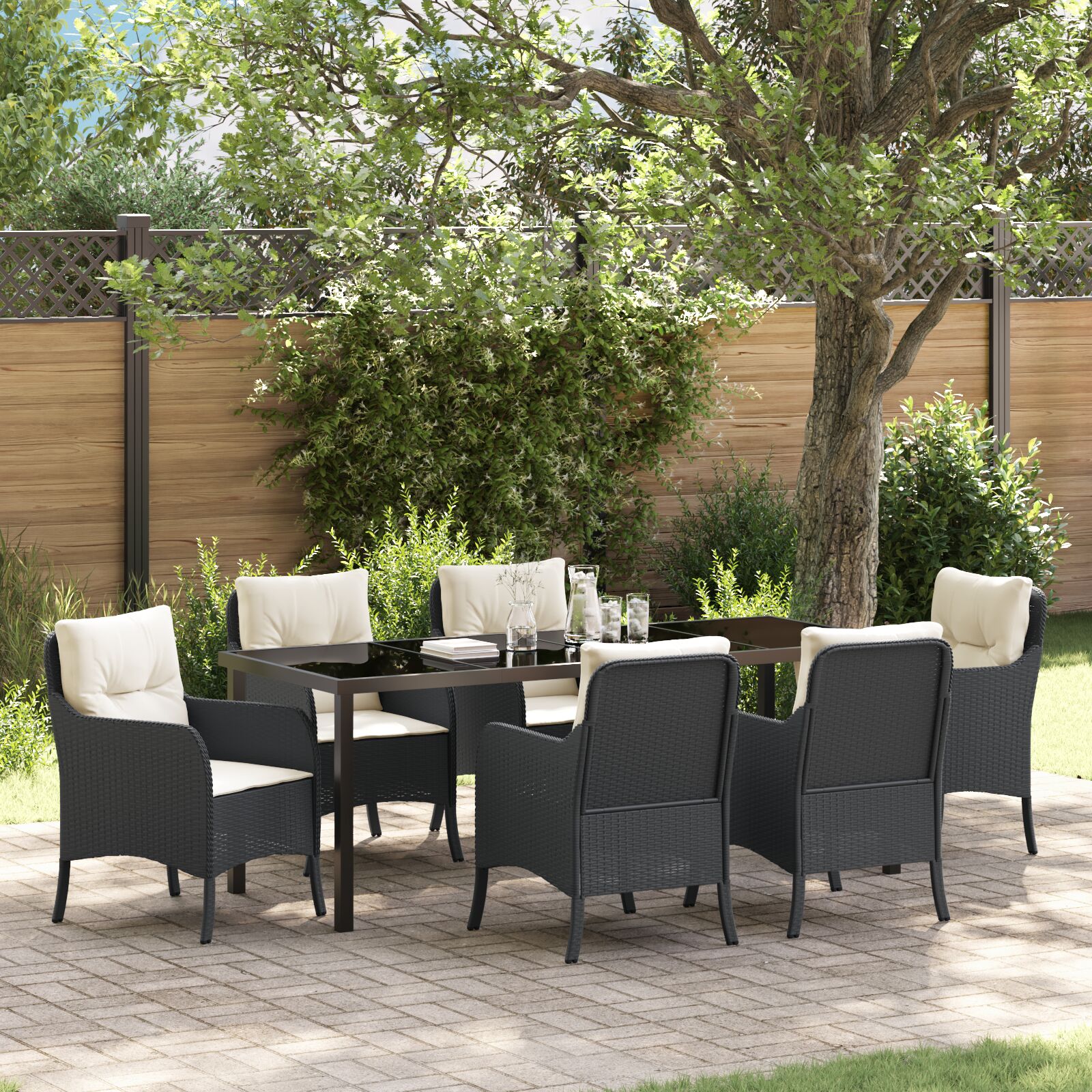 vidaXL 7-teiliges Garten-Esstisch-Set mit Kissen in Schwarz Poly-Rattan