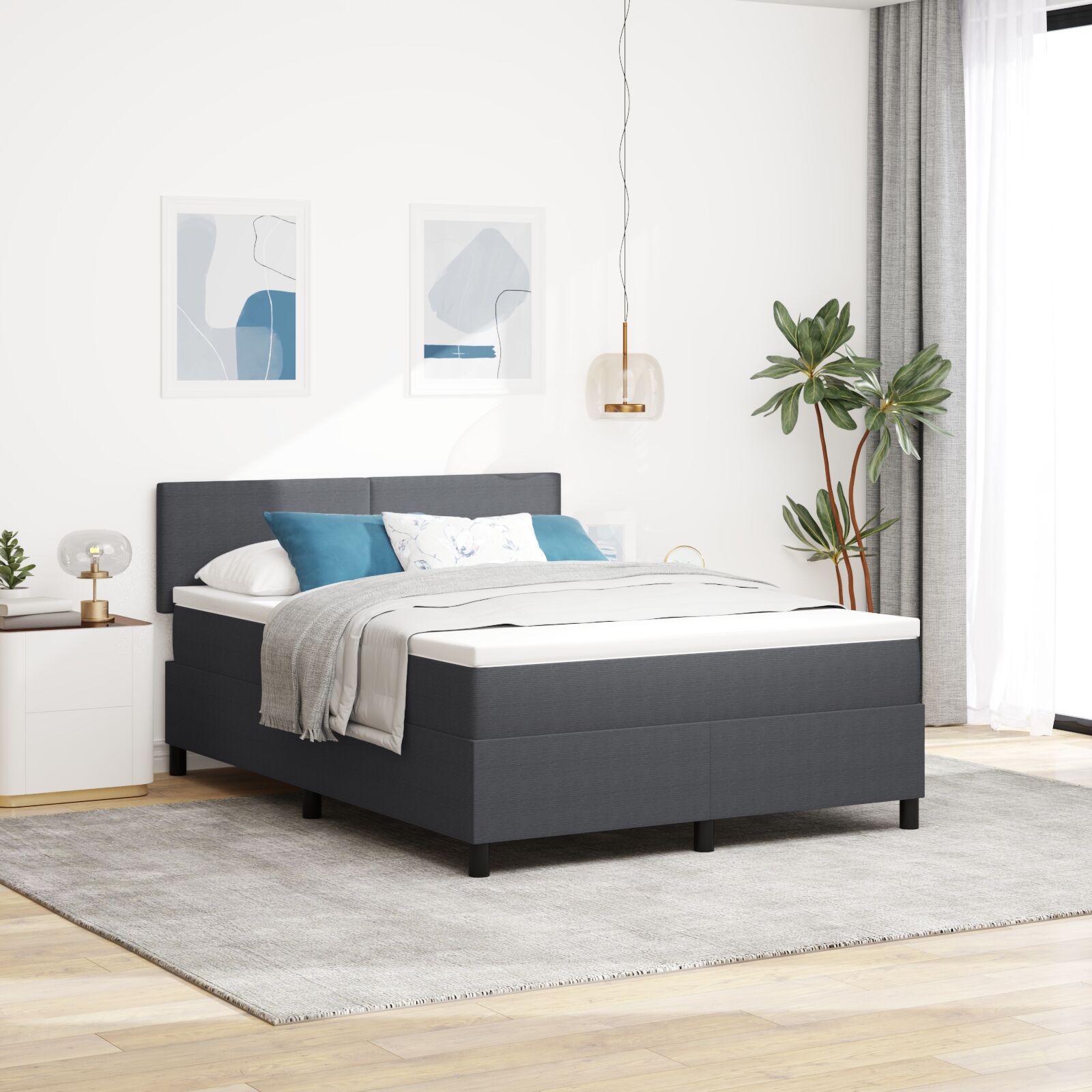 Box Spring Seng med Madras Mørkegrå 160x200 cm Kordfløjl Stof