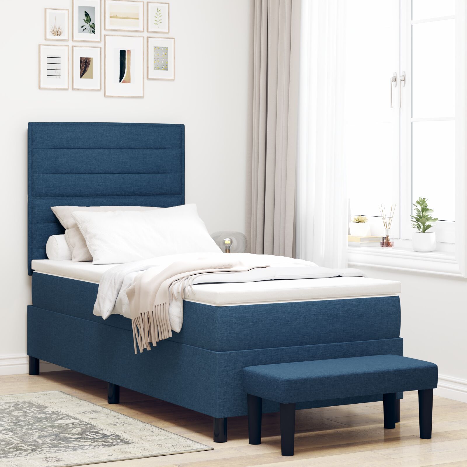vidaXL Boxspringbett mit Matratze & Bank Blau 90x190 cm Stoff
