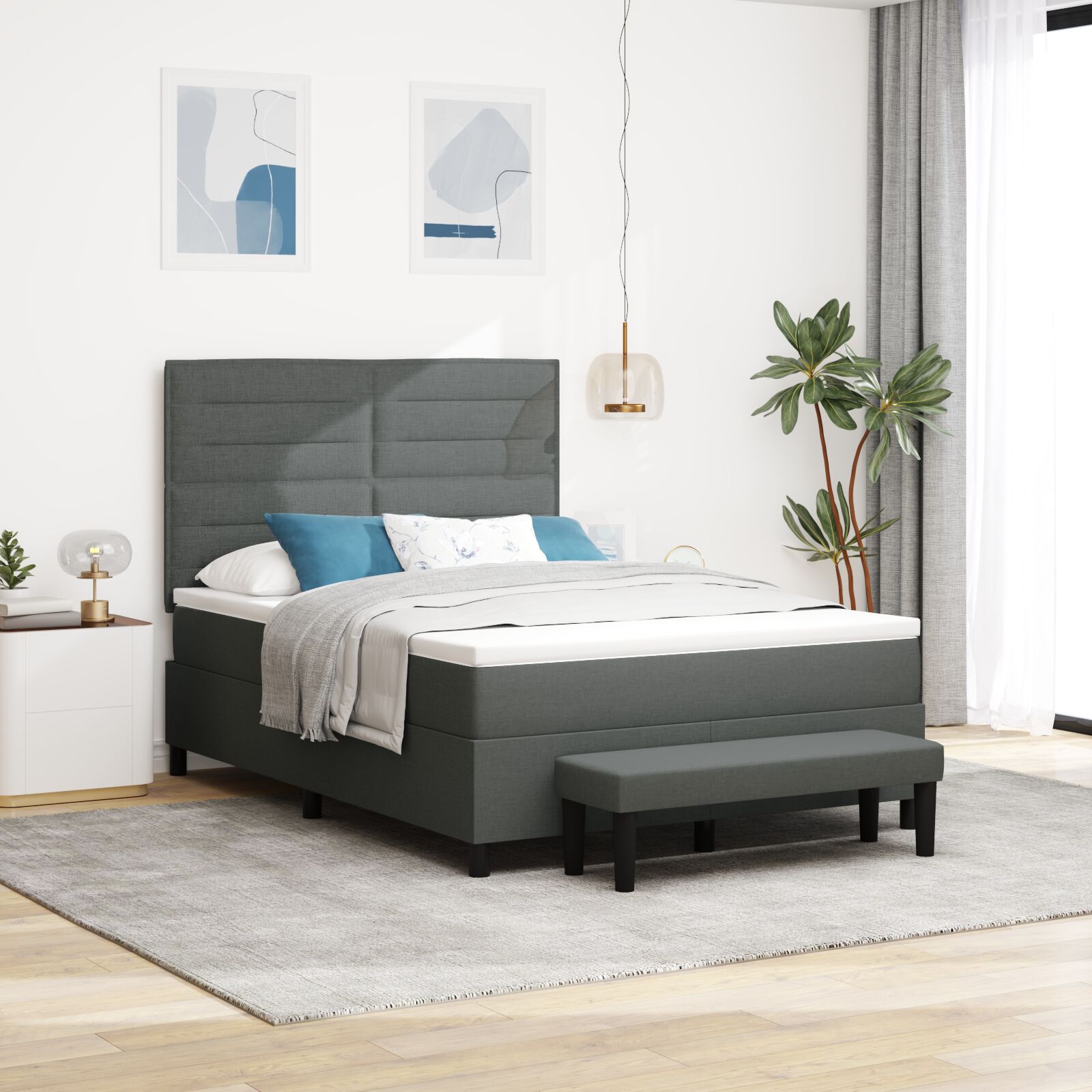 Box Spring Seng med Madras & Bænk Mørkegrå 160x200 cm Stof