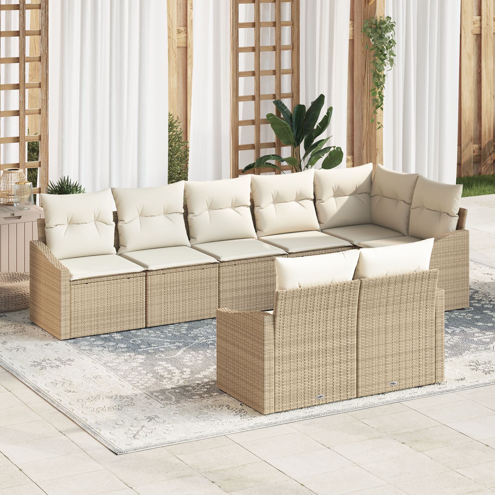 Conjunto de Jantar  com Almofadas de 8 Peças Bege Rattan Polímero