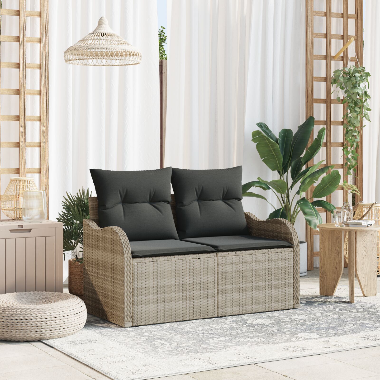 vidaXL 2-zits Tuinbank met Opslag en Kussens Lichtgrijs Poly Rattan