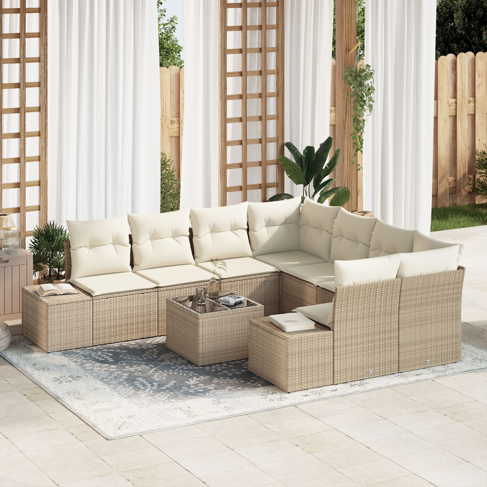 vidaXL Vrtni Sofa Set Set od 9 Bež i Krem Poliratan Vrtni Sofa Set