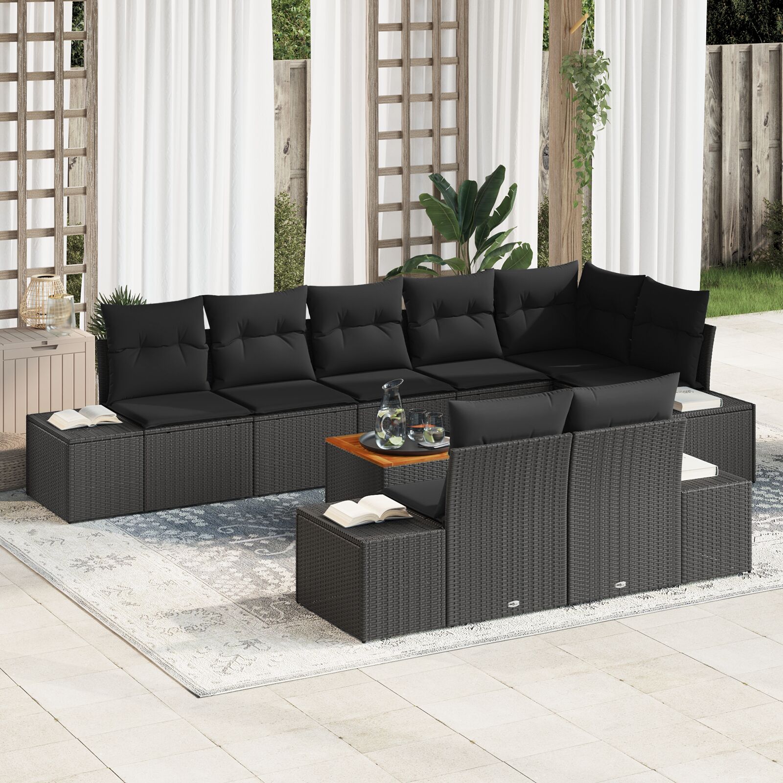 vidaXL 9-delige Tuin Sofa Set met Kussens Zwart Poly Rattan Acacia